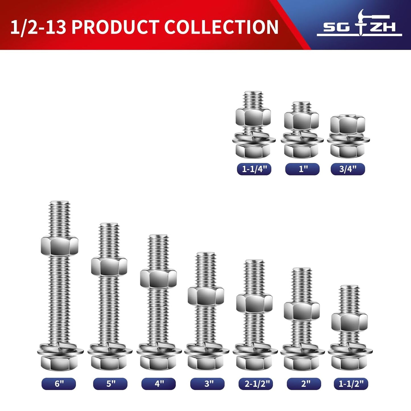 1/2-13 x 4" Hex Head Screw Bolt, Nuts, Flat & Lock Washers, 10Pcs 18-8 (304) Stainless Steel, Fully Threaded, by SG TZH