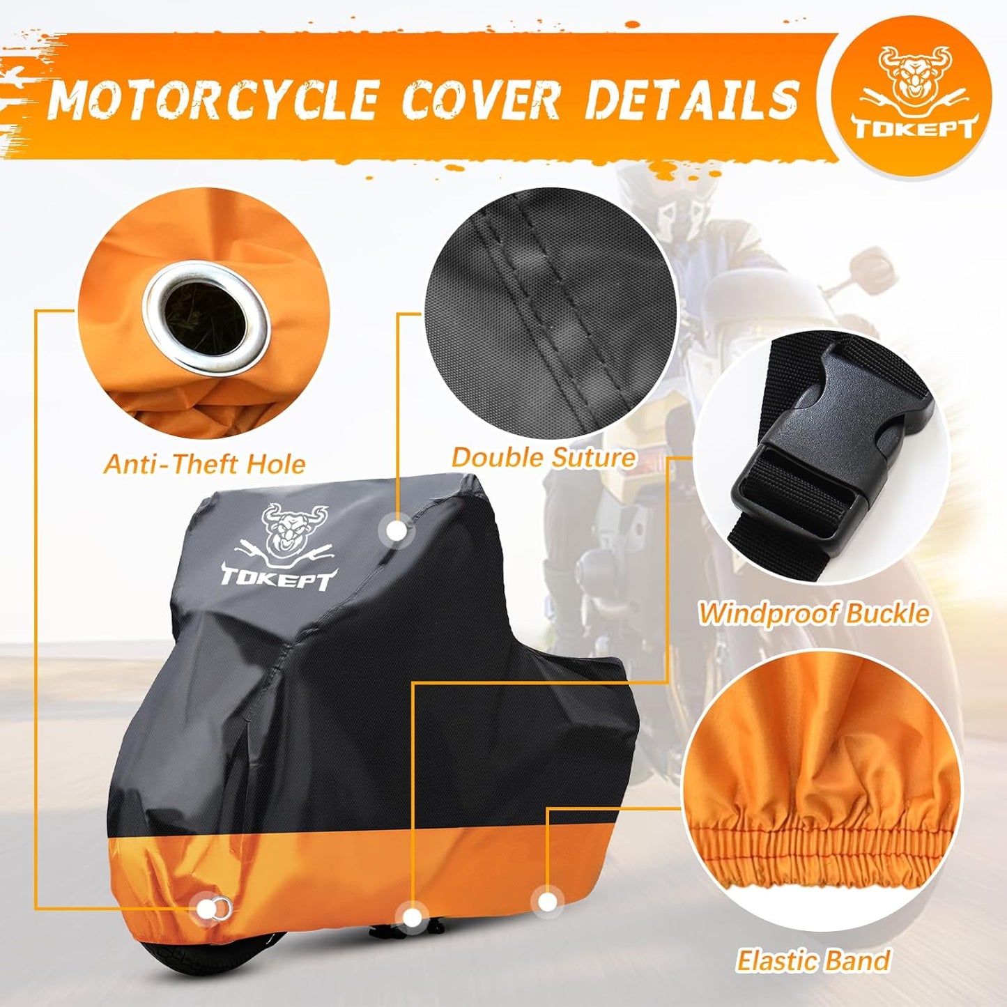Motorcycle Cover, All-Season Waterproof Outdoor Sun Protection Fit up to 96 Inch Harley-Davidson Honda Suzuki Kawasaki Yamaha (XL Black&Orange)