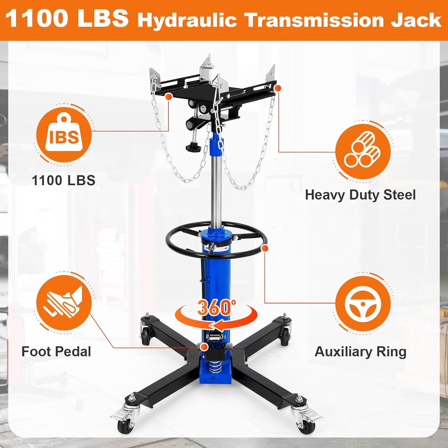 Transmission Jack, 1100lbs (1/2 Ton), 2-Stage Hydraulic Telescopic Jacks, Lifts 34"-68", with Foot Pedal & 360° Swivel Wheels, Ideal for Garage and Car Lifting, Heavy-Duty, Blue