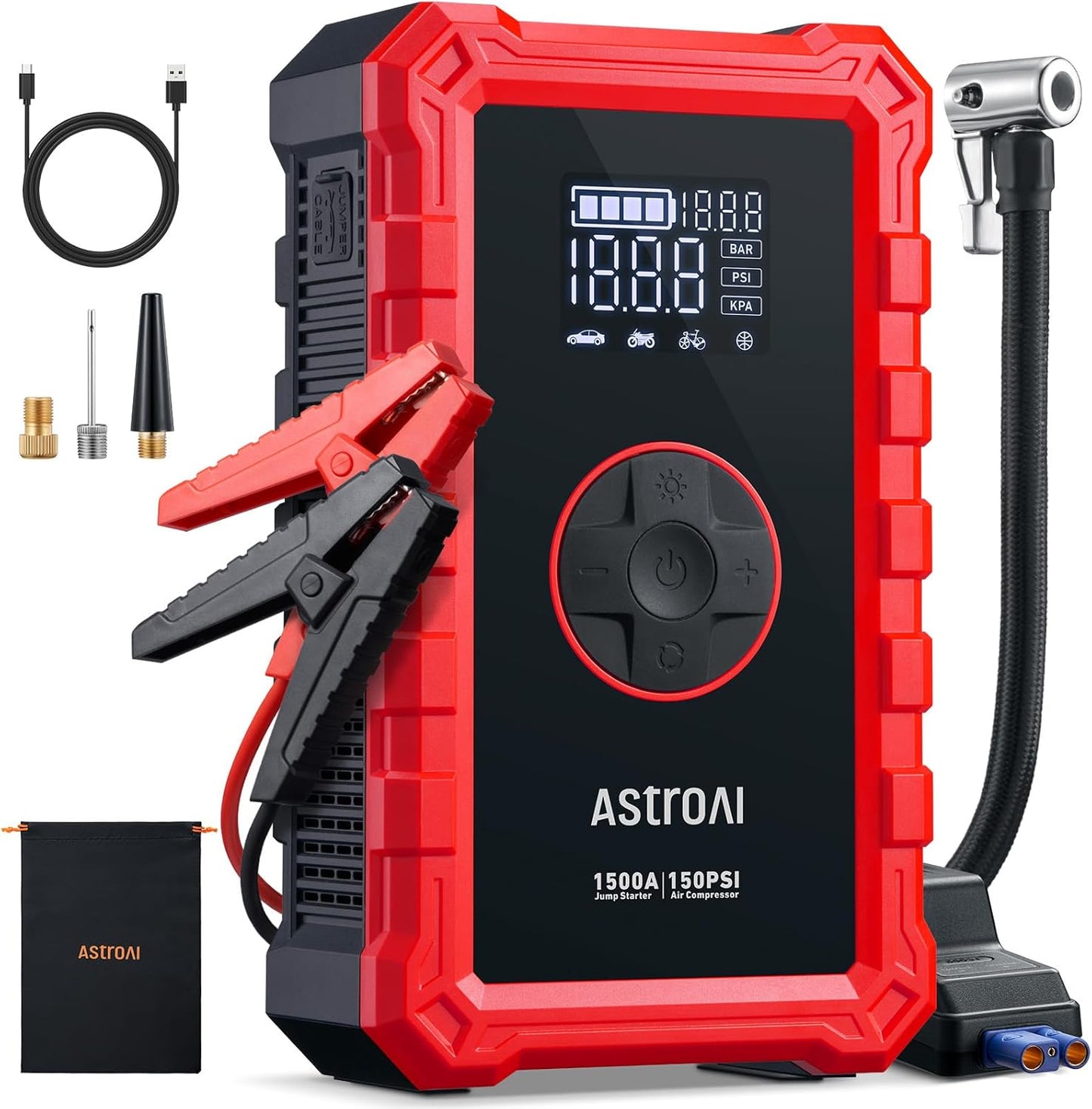 AstroAI S8 Air Jump Starter with Air Compressor, 1500A Peak Car Battery Jump Starter Portable (6.0 Gas/3.0L Diesel) with 150PSI Cordless Auto-Shutoff Tire Inflator, 12V Battery Charger Booster(Red)