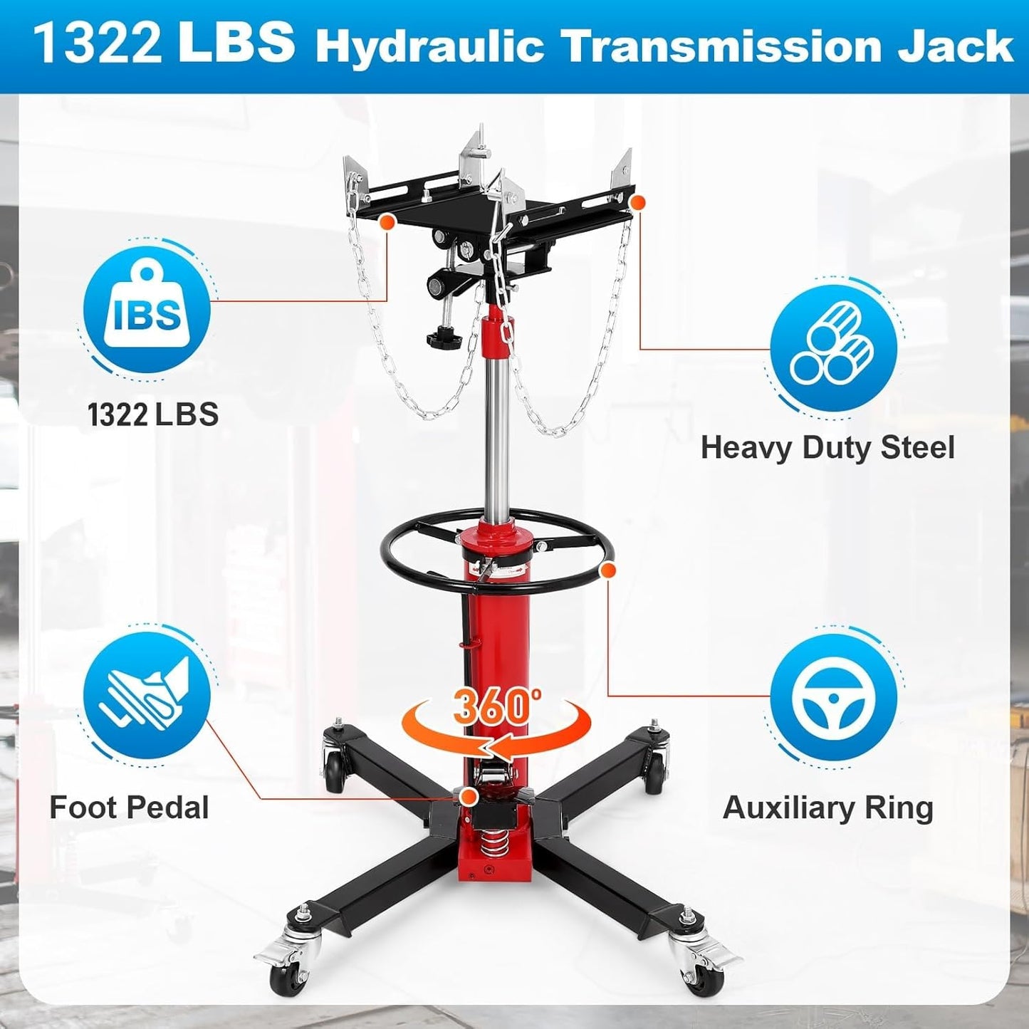 Transmission Jack, 1322LBS (3/5 Ton), Hydraulic Telescoping Transmission Jack, 32"-67" Transmission Jack Stand with Foot Pedal & 360° Swivel Wheels for Garage and Car Lifting,