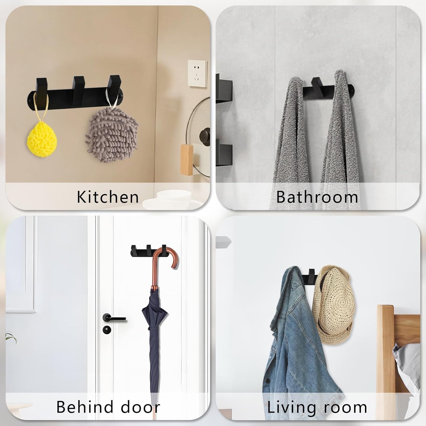 NINETREX Coat Rack Wall Mounted, Black Metal Coat Rack with 3 Coat Hooks Heavy Duty Coat Hanger Hooks Bag Hat Towel Rack for Entryway, Bathroom, Bedroom, Kitchen, and Hallway(Black,Square)