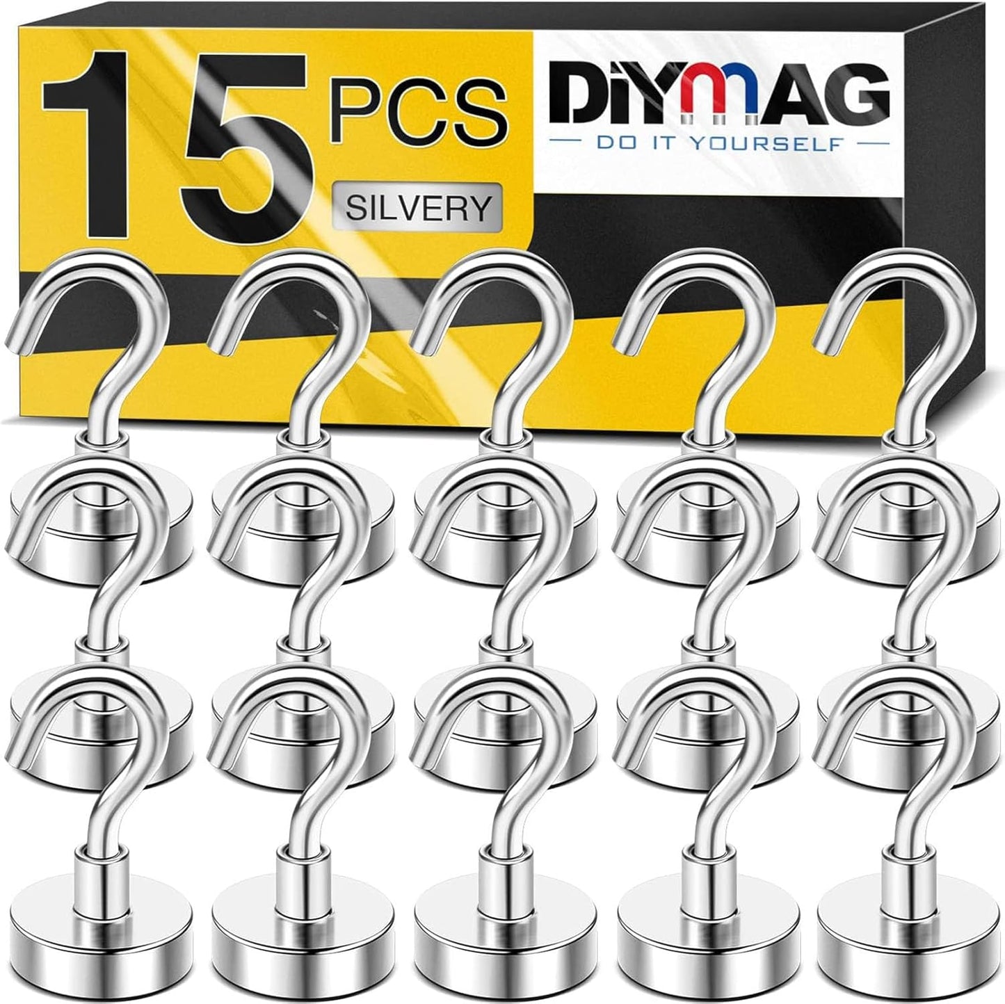 DIYMAG Magnetic Hooks, 30Lbs Strong Heavy Duty Cruise Magnet Hooks for Classroom, Fridge, Hanging, Cabins, Grill, Kitchen, Garage, Workplace and Office etc, (15 Pack-Silver)