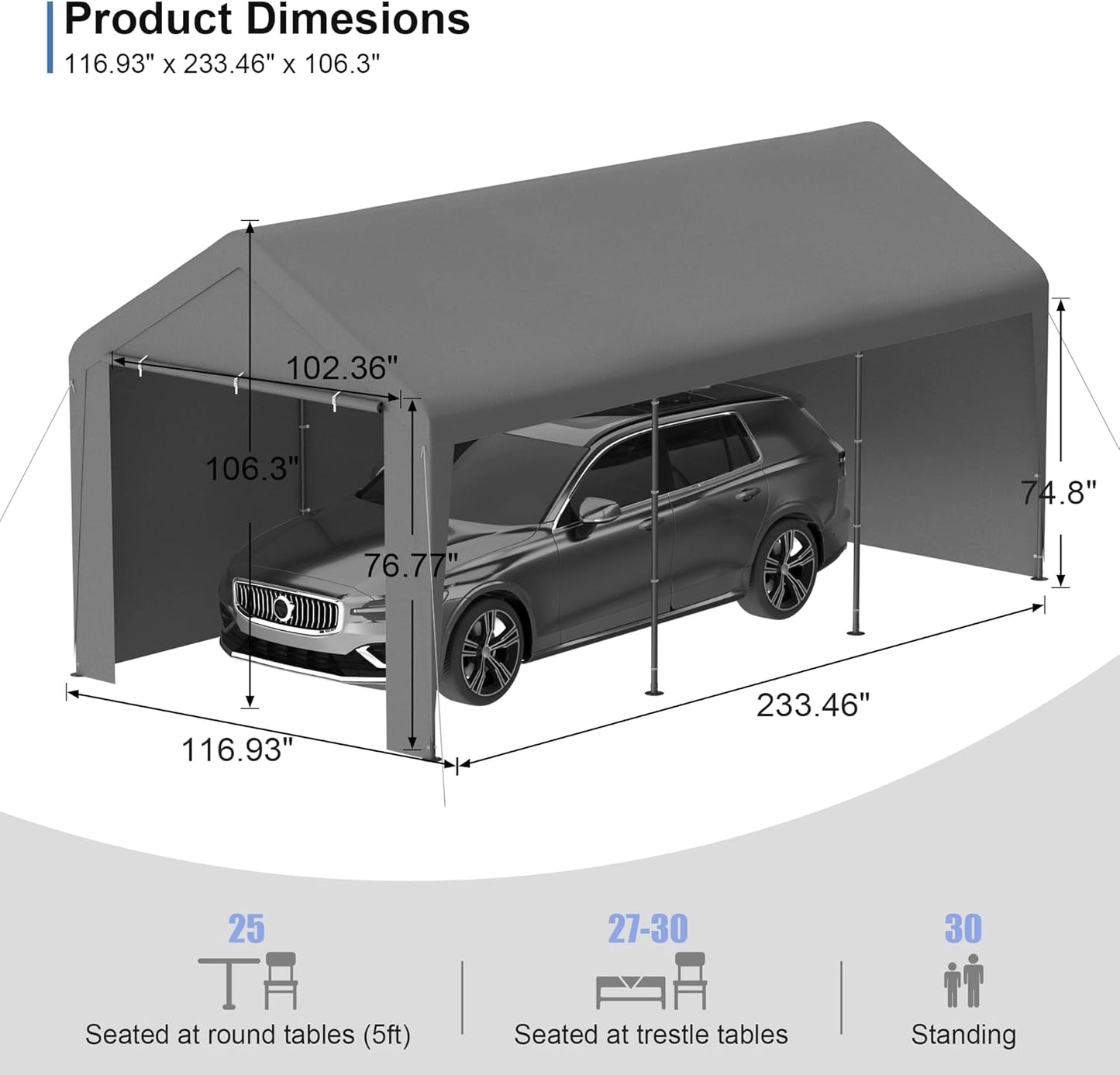 Carport 10x20 Heavy Duty Portable Garage w/Removable Sidewalls & Roll-Up Door Car Canopy Party Tents Waterproof UV Resistant All Weather Car Port for Trucks,Boats(Grey)