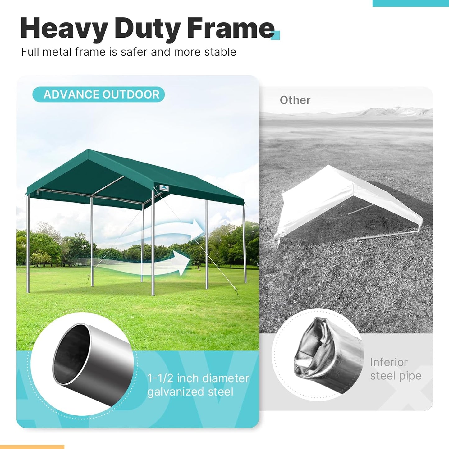 ADVANCE OUTDOOR Adjustable 10x15 ft Heavy Duty Carport Car Canopy Garage Boat Shelter Party Tent, Adjustable Height from 9.5 ft to 11 ft, Green