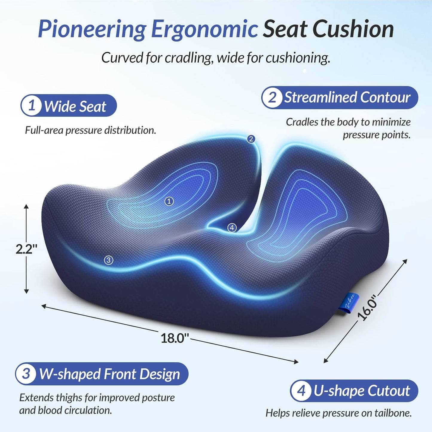 ZIKEE Pioneering Seat Cushion for Pressure Relief, Ergonomic Office Chair Cushion for Sciatica, Back, Hemorrhoids & Tailbone Pain Relief, High-Density Memory Foam Car Seat Cushion with Anti-Slip Base