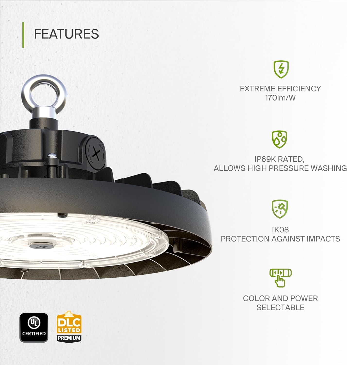 ASD LED High Bay UFO Light Fixture, Commercial Shop Lighting | 3CCT, Dimmable, IP69K Waterproof, DLC Premium, UL Listed | 200W 31900LM 3000-5000K 100-277V | Warehouse, Garage, Workshop Lamp | Black