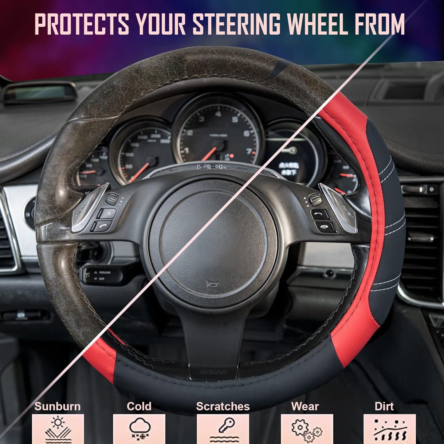 CAR PASS Line Rider Microfiber Leather Sporty Steering Wheel Cover Universal Fits for 95% Truck,SUV,Cars,14.5-15inch Anti-Slip Safety Comfortable Desgin (Black-Red)