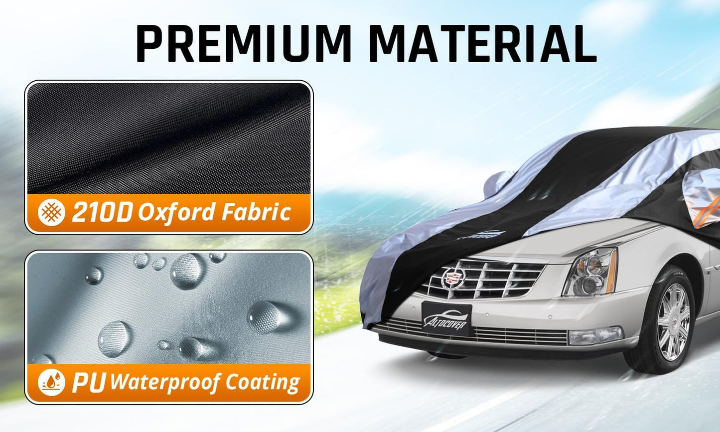 Car Cover Waterproof All Weather with Silver Strip Design, Custom Fit for DTS(2006–2011), XTS(2013-2019), CT6(2016-2020), DTS Accessory with Door Zipper & Windproof Straps