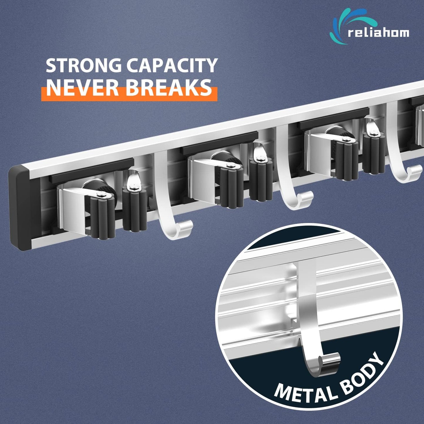 2 Pack Broom Holder Wall Mount Mop and Broom Hanger Wall Mounted Garage Storage Rack Kitchen Garden Tool Organizer (5 Racks with 4 Hooks, Black)