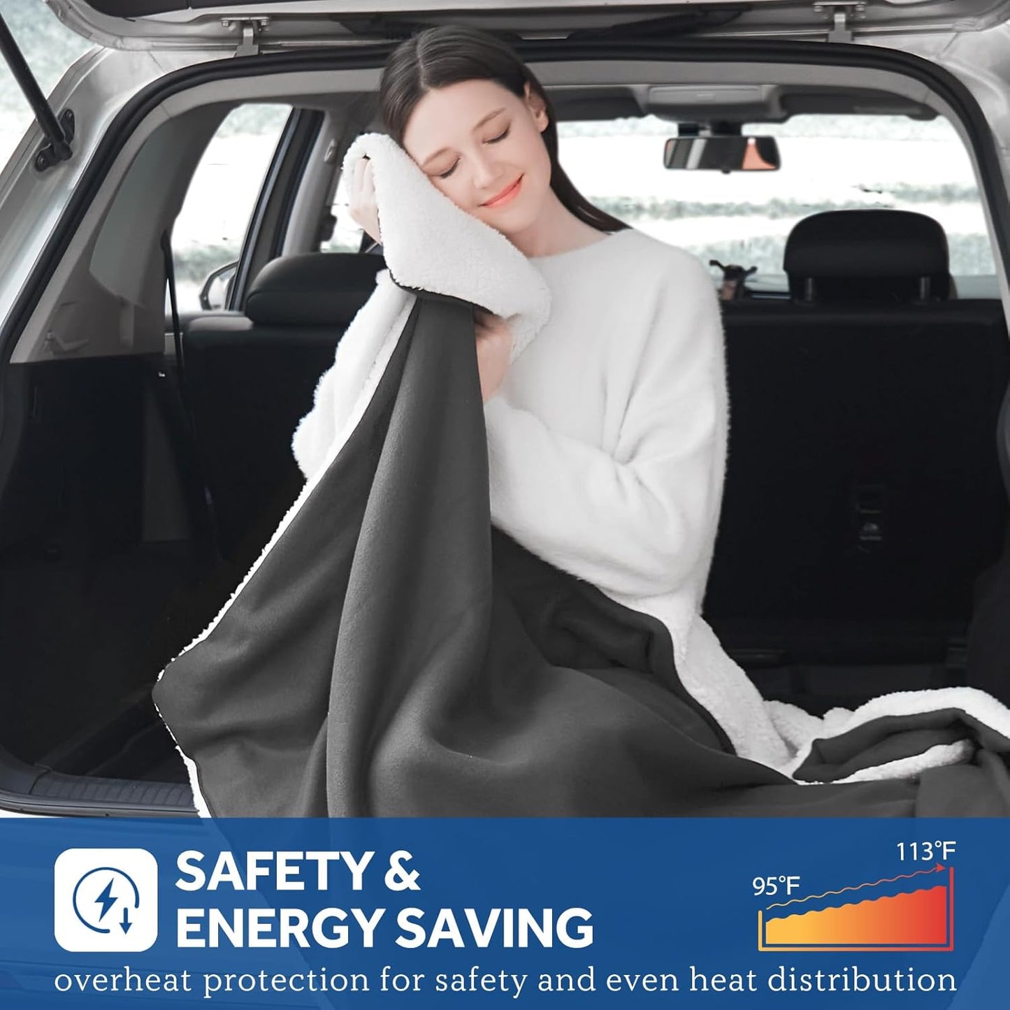 Sealy 12-Volt Heated Car Blanket, Portable Electric Blanket with 3 Heating Levels & 4 Hours Auto Off for Car, Truck, SUV, RV or Camping, Machine Washable, 59" X 43", Charcoal