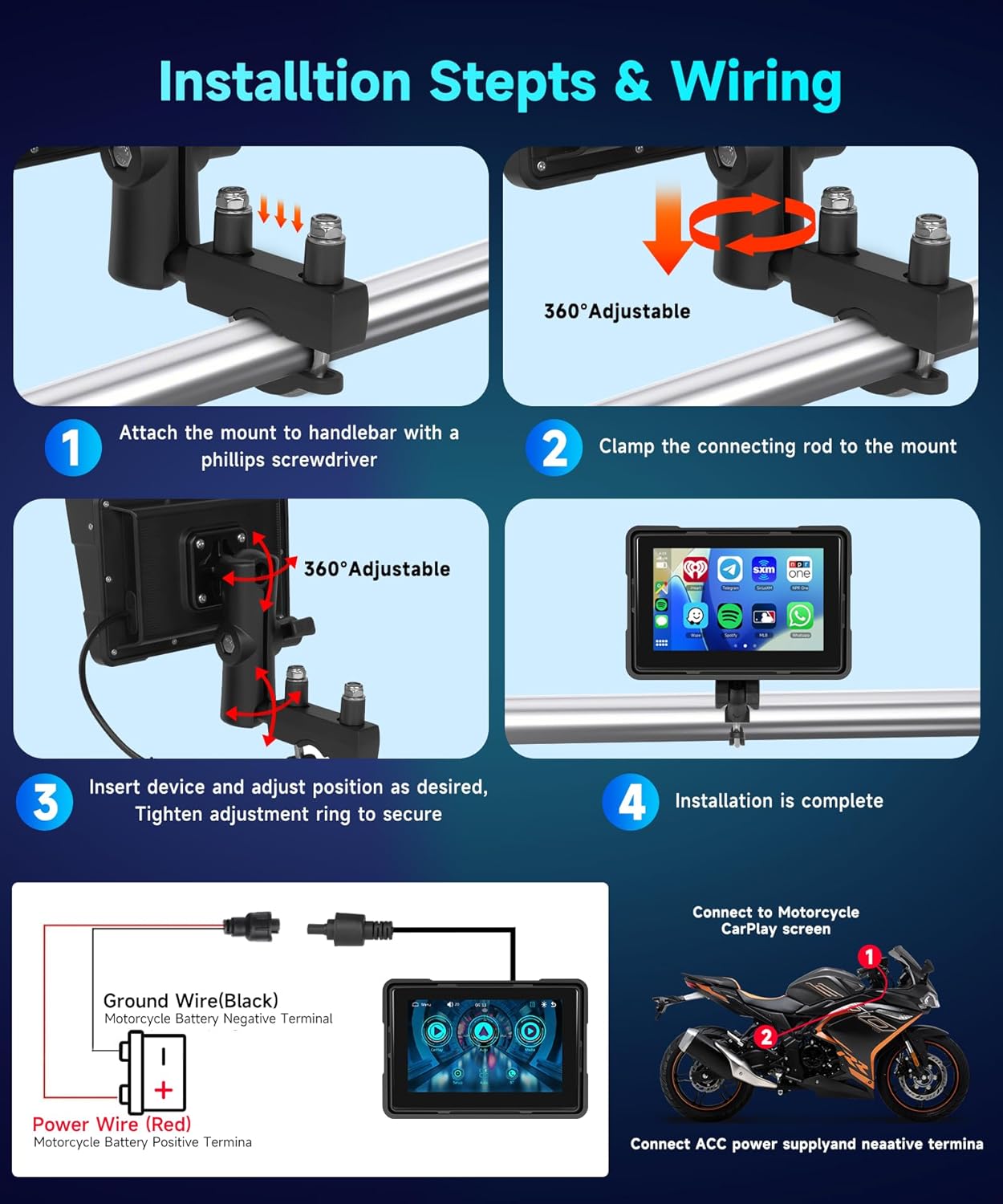 HD IPS Touch Screen Portable Wireless Apple Carplay Screen for Motorcycle &Wireless Android Auto GPS Navigation for Motorcycle,Car Play,Dual Bluetooth Waterproof,Siri Voice Control 5Inch for Motorbike
