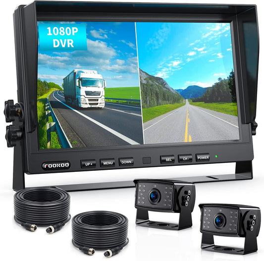 Fookoo Ⅱ HD Wired Backup Camera System Kit,10 inch Dual Split Screen Monitor with Recording IP69 Waterproof Front View Rear View Cameras Parking Lines for Truck/Semi-Trailer/Box Truck/RV(DY102)