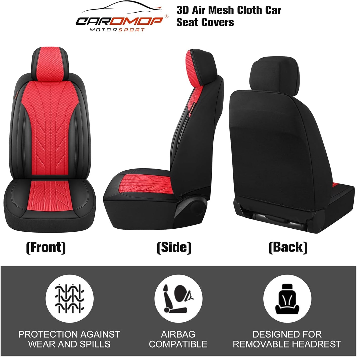 CAROMOP Luxury Faux Leather&Fabric Car Seat Covers 2 Front Seats with Breathable 3D Foam Back Support, Universal Seat Covers for Cars,Trucks,SUVs, Front Armrests Compatible(Black/Red)