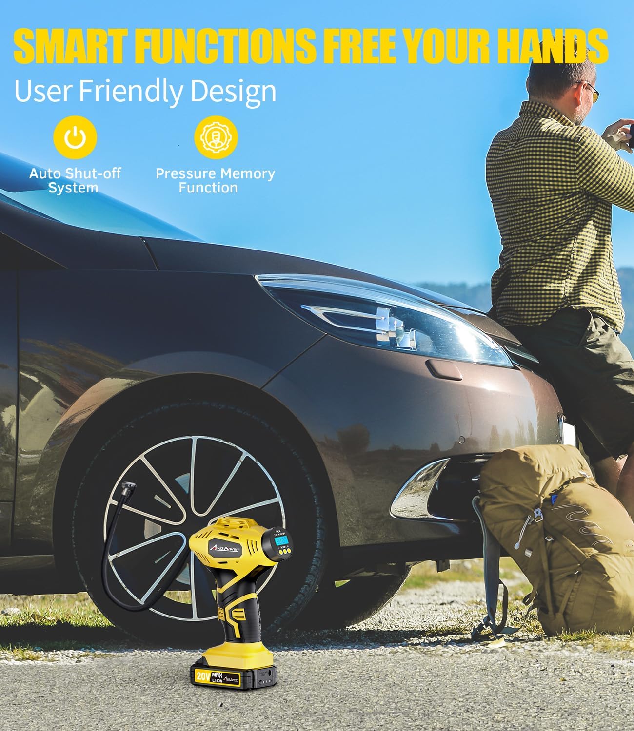 AVID POWER Cordless Tire Inflator Portable Air Compressor, 20V Rechargeable Battery Powered Car Tire Pump w/ 12V DC Adapter, Digital Pressure Gauge, Air Pump for Car, Bike, Motorcycle, Ball