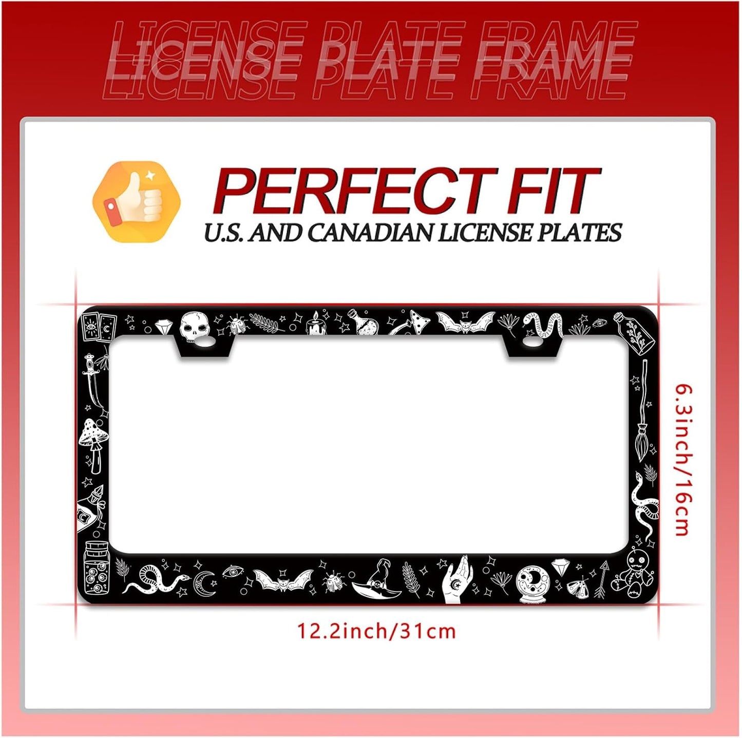 Witch License Plate Frame Gothic Magical License Plate Frames for Car Decorative Parts Stainless Stee License Plate for Standard Us Canada Funny License Plate Holder 12x6 Inch