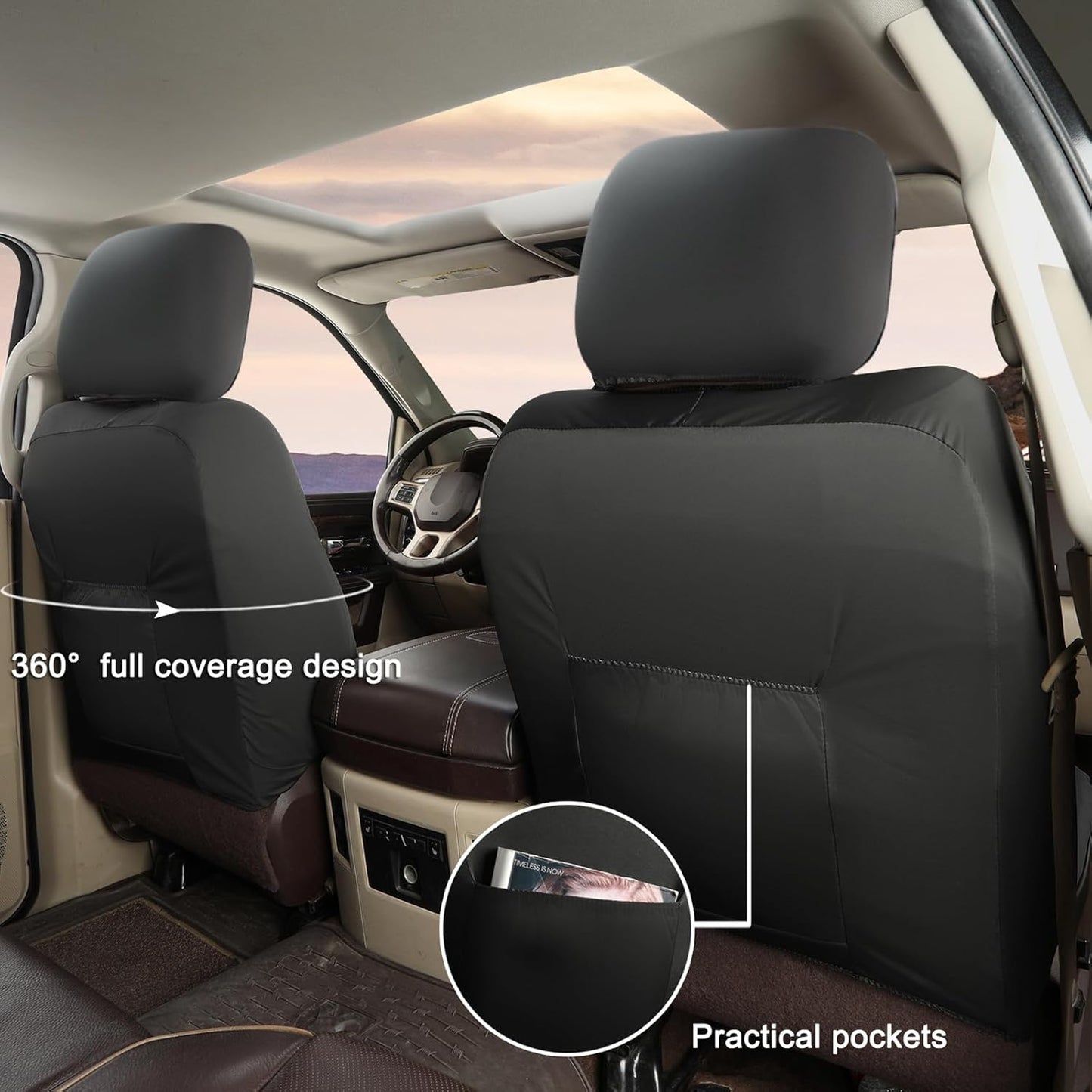 GIANT PANDA 2-Pack Front 3D Air Mesh Car Seat Covers Custom Fit Dodge Ram 1500 2500 3500 Trucks Seat Protectors with Composite Sponge Inside Breathable Automotive Interior Covers (Black)