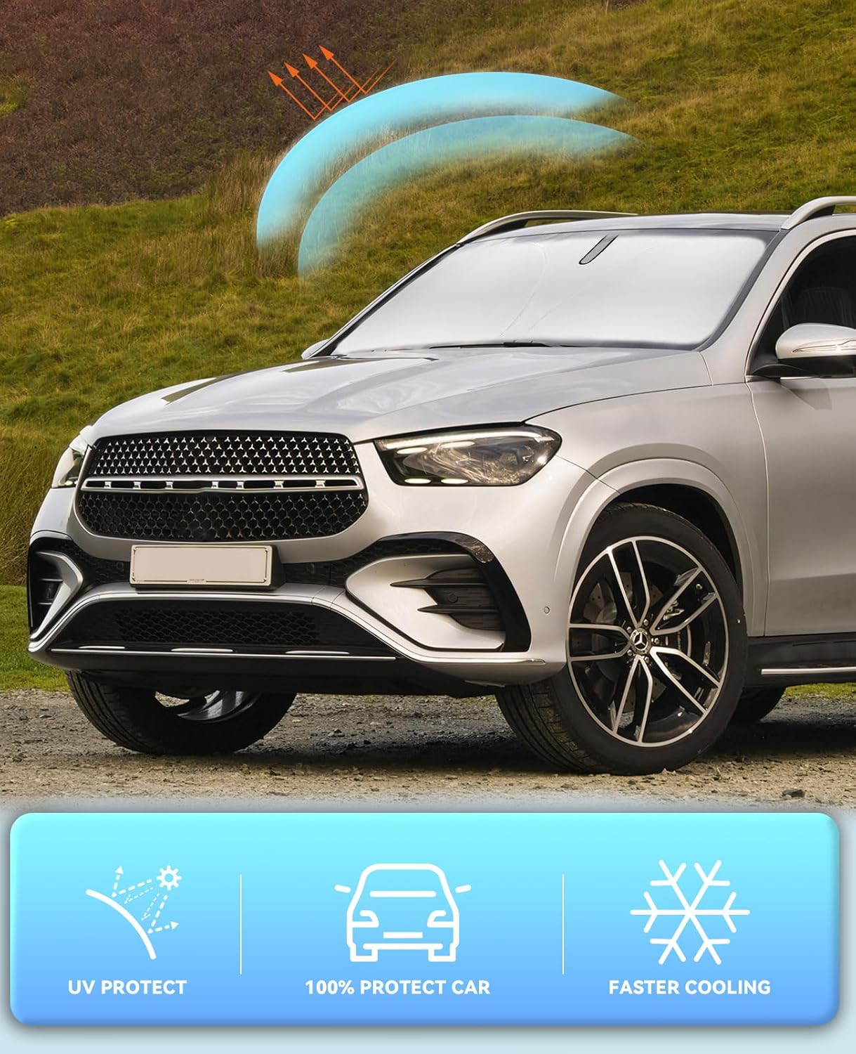 Windshield Sun Shade Car Sunshade for Mercedes Benz GLE Class 2020-2024 2025 2026 Accessories Windshield Sun Visor Cover for GLE 450 GLE 350 Foldable Front Window Shield Protector Block UV Ray