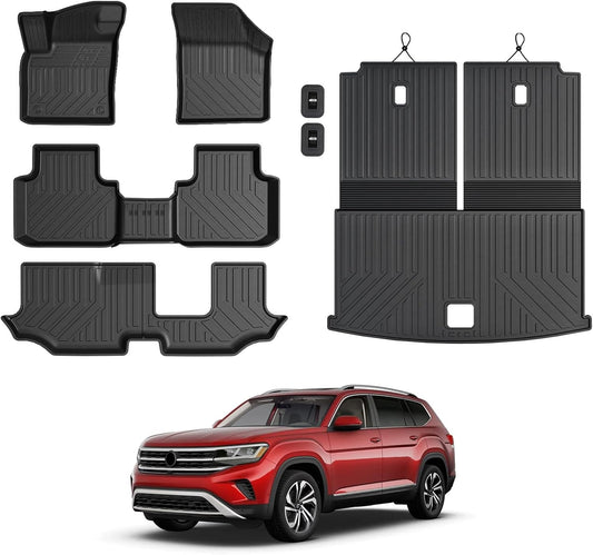 Floor Mats for 2018-2024 2025 Volkswagen VW Atlas 7 Seats(Not for Cross Sport), All Weather TPE Trunk Mat Cargo Liner with Backrest Mat for Atlas Accessories