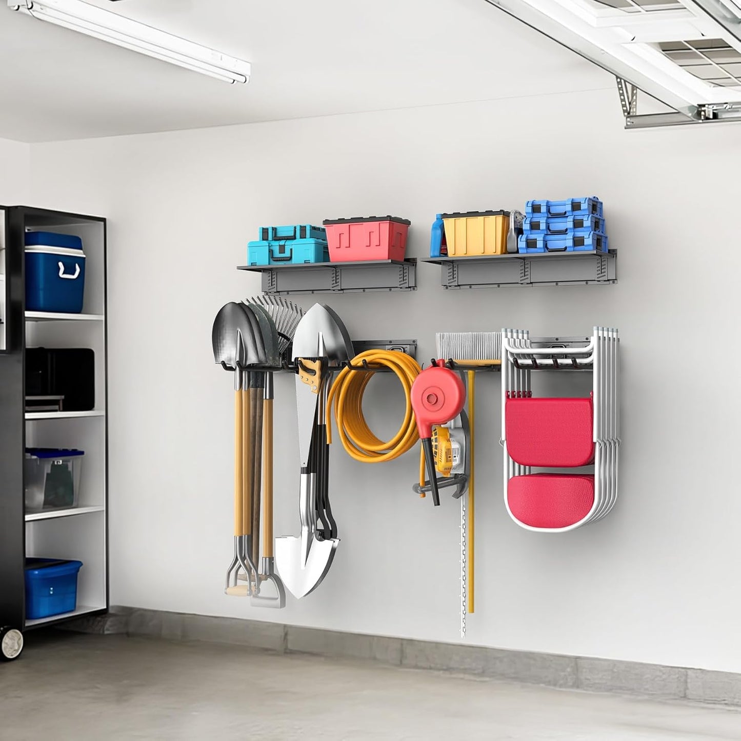 WALMANN Wall Mounted Garden Tool Rack with Shelves for Garage, Heavy Duty Folding Chair Hangers, 11-Inch Tool Storage Hooks for Shovels, Rakes, Ladders