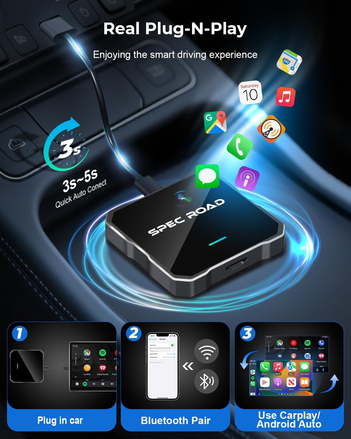 Wireless CarPlay Adapter for iPhone/Android Auto Wireless Adapter, Support Netflix/YouTube/TF Card, Plug and Play, Carplay Adapter Fit with iPhone8+/iOS 10+/Android 11+