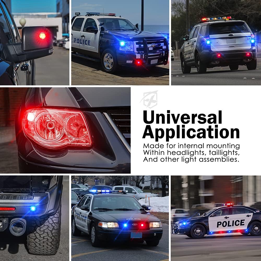 Xprite Red Blue LED Hideaway Strobe Police Lights Kit, 20 Flashing Patterns w/Control Panel for Headlights Taillights Hazard Warning Mounting, for Emergency Vehicles Volunteer Cop Cars Trucks, 4PCS