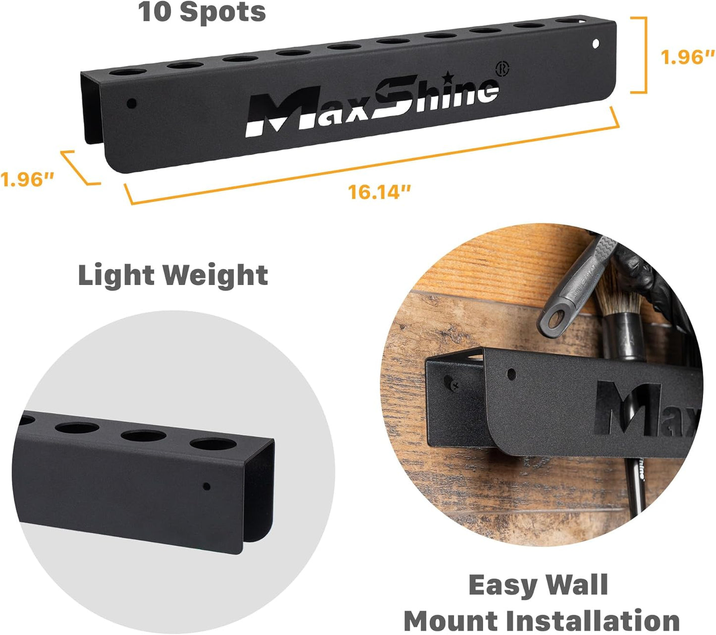 Maxshine Universal Detailing Brush Holder - 10 Car Detailing Brushes Organizer, Sturdy, Simple & Lightweight Design, Easy Wall Mounting for Access, Premium Auto Detailing Accessories & Supplies