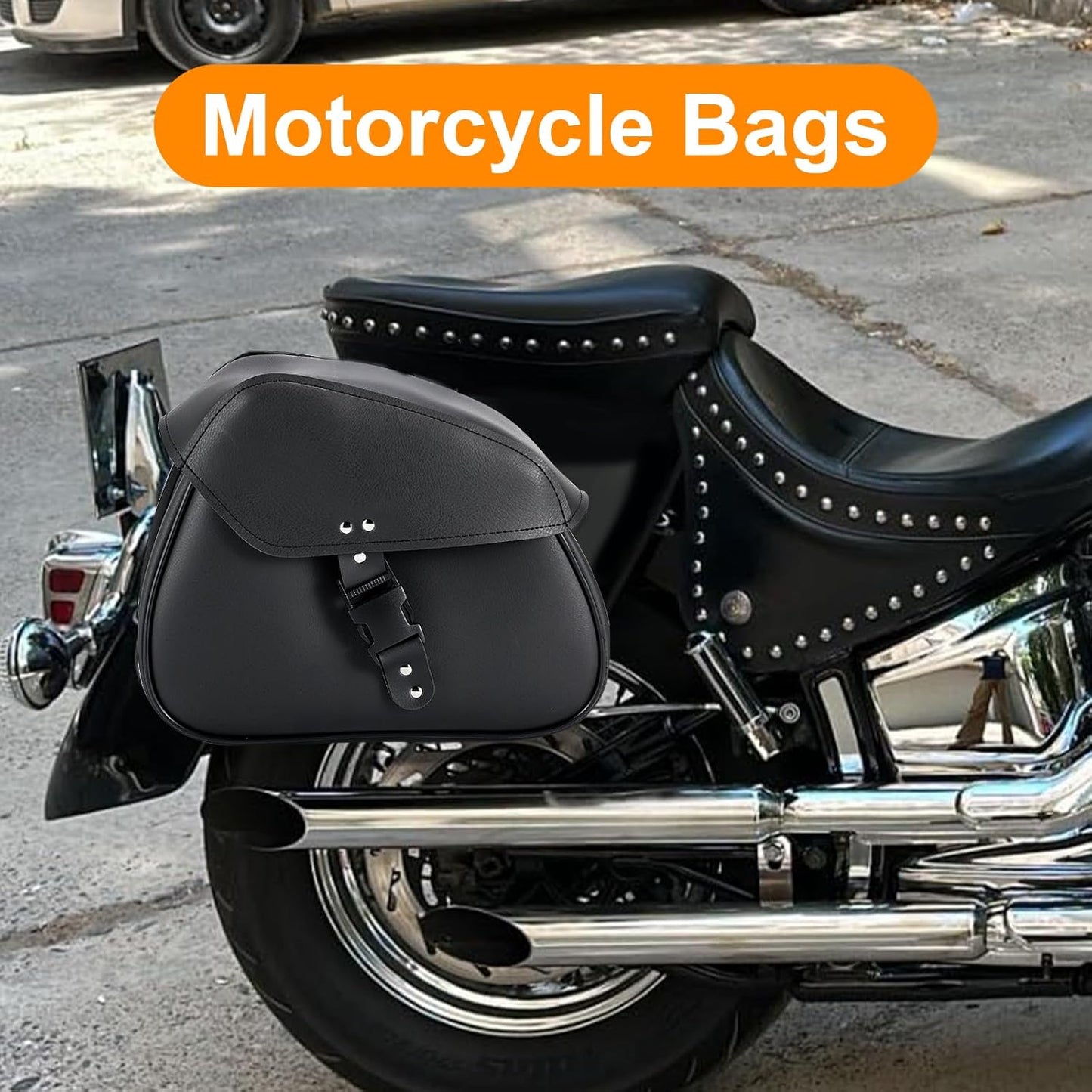 Motorcycle Saddle Bags Synthetic Leather Luggage Bag Waterproof Throw Over Saddlebags For Motorcycle Softails Sportsters Choppers Dyna V-star Shadow (Single Buckle, Black, 12.6 X 8 X 10)