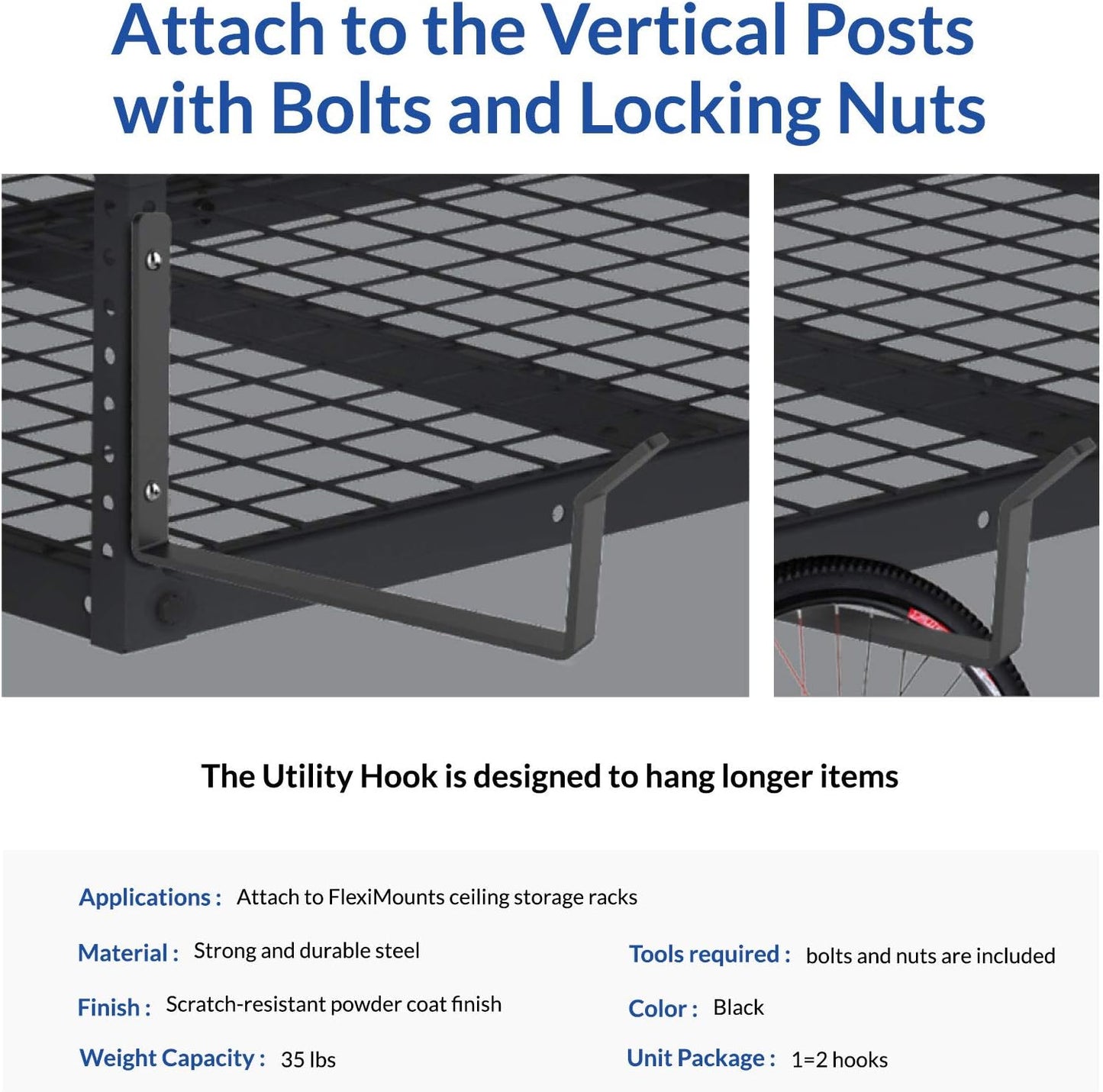 FLEXIMOUNTS 2 Pack Add On Storage Utility Hook Accessory for Garage Ceiling Rack, Max Weight Capacity up to 35lbs, Black
