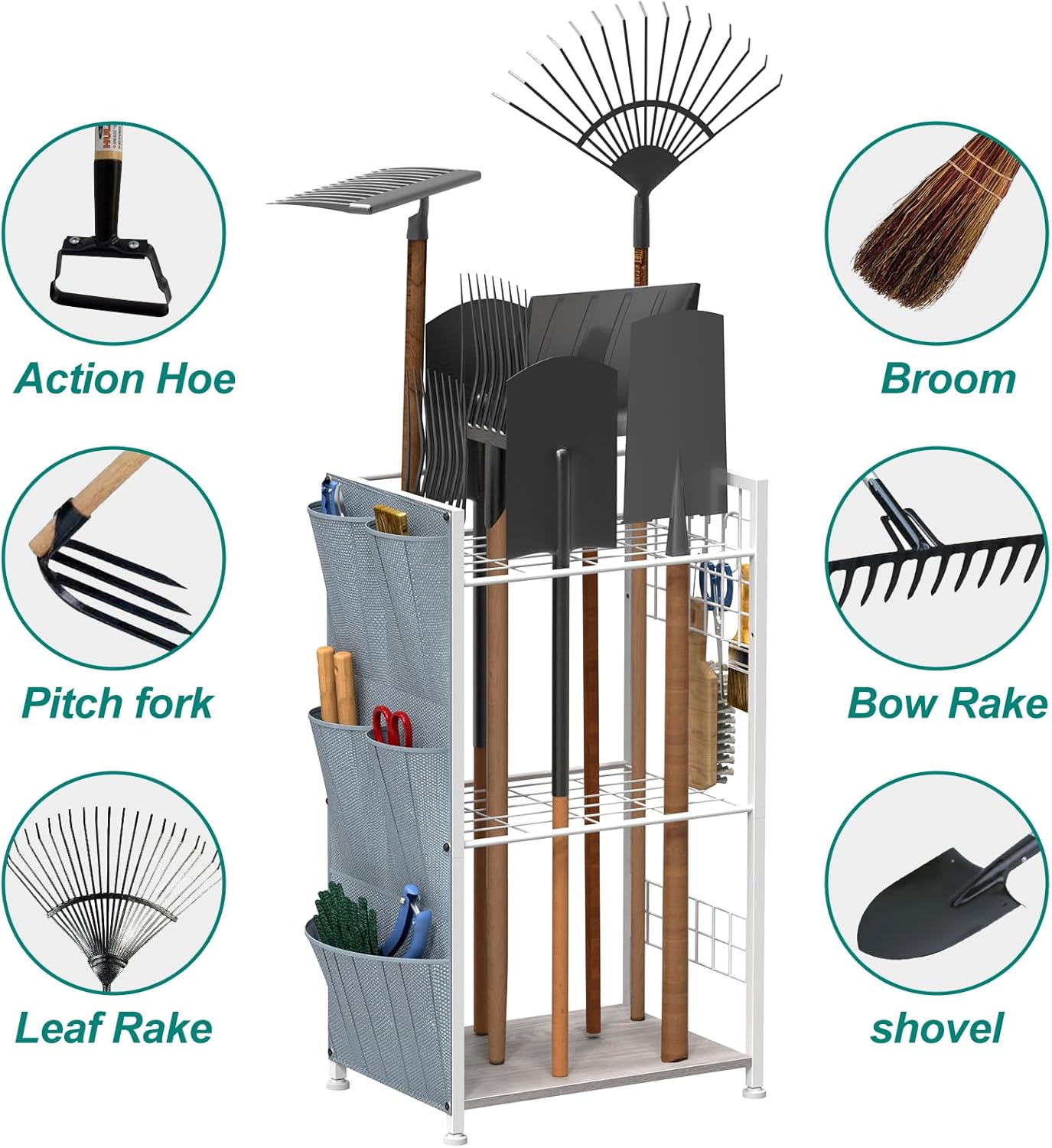 YBING Garden Tool Organizer, Yard Tool Stand with Side Storage Pockets, Yard Tower Rack for Garage Storage, Freestanding Tools Organizers and Storage for Shed, Gray