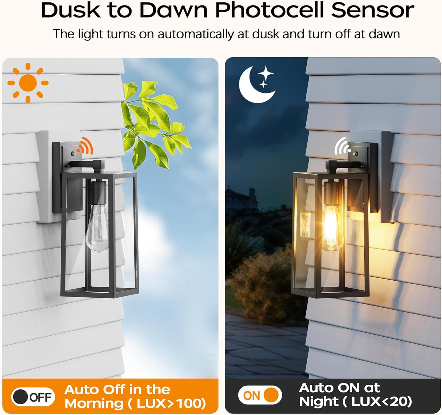 PARTPHONER Dusk to Dawn Outdoor Light Fixtures Wall Mount, Sensor Porch Lights, Anti-Rust Exterior Wall Sconce Lighting Lamp, Waterproof Wall Lantern for Doorway, Garage, 2-Pack