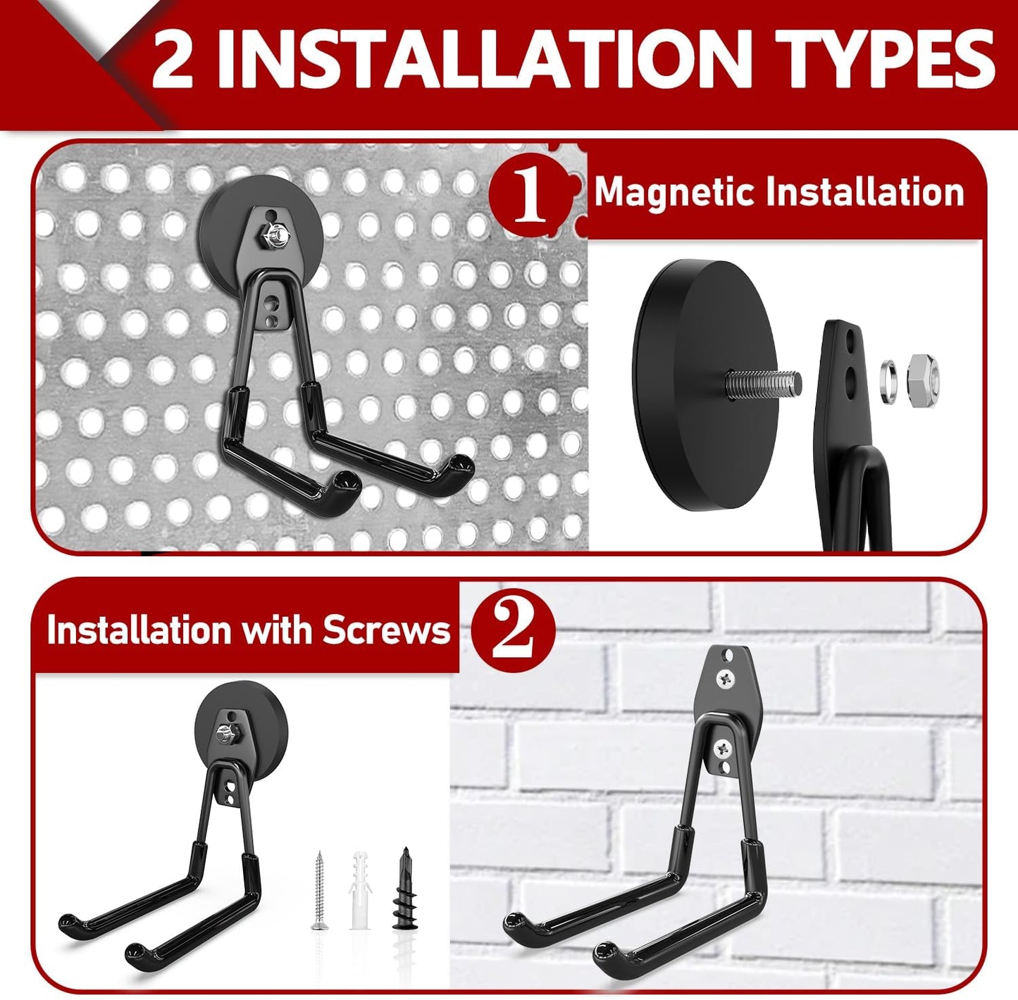 3-H Heavy Duty Magnet Garage Hooks 4 Pack, Extra Large Strong Magnetic Hooks for Hanging Cordless Power Drill, Utility Magnetic Tool Holder for Metal Cabinet, Steel Pegboard, Toolbox, Garage(Black)