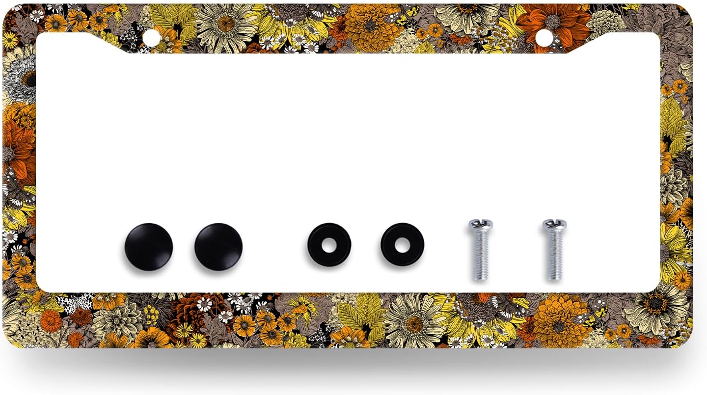 Vintage Sunflowers License Plate Frame Flowers License Plate Holder Stainless Steel Funny Colorful Car Accessories Decoration 6.3" X 12.3" With2 Holes Screws