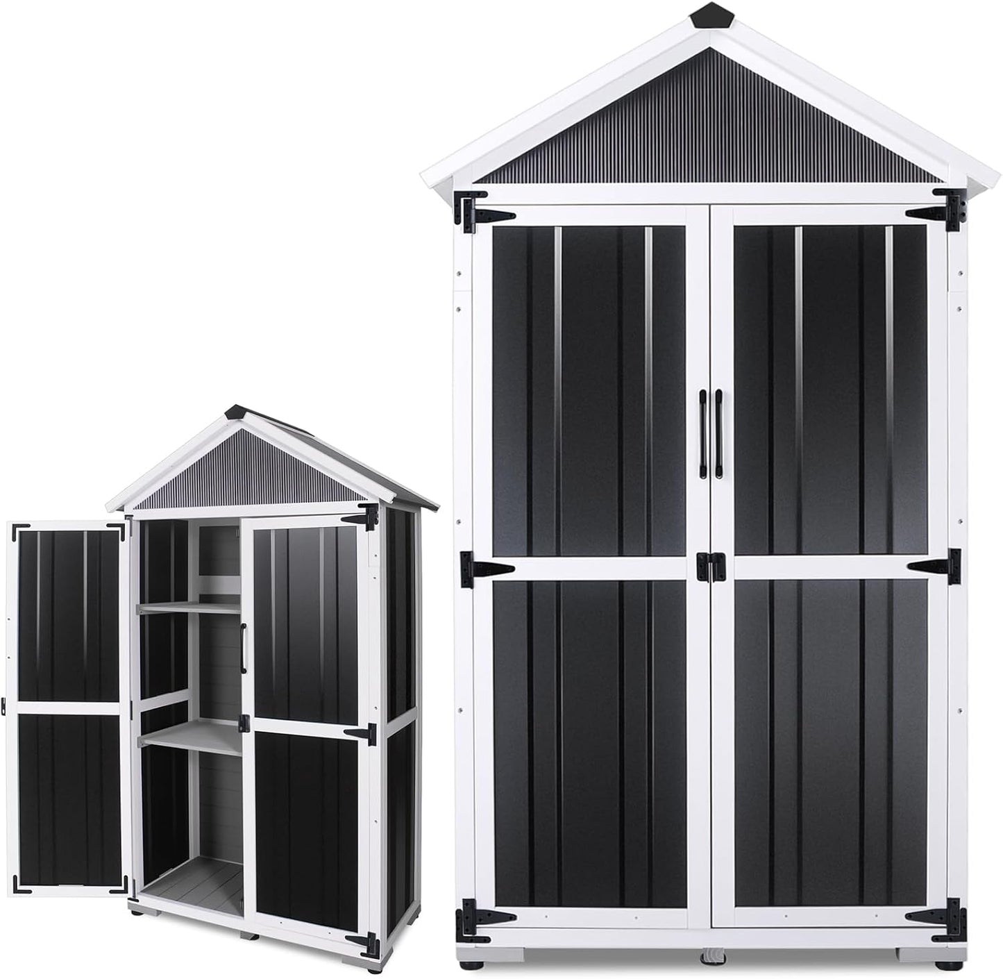 Outdoor Storage shed Small Storage shed with Floor Wooden Frame Lockable Metal Door Adjustable Shelves Cabinets Waterproof Large Capacity Storage Tool Cabinet Box for Backyard Garden Patio Lawn