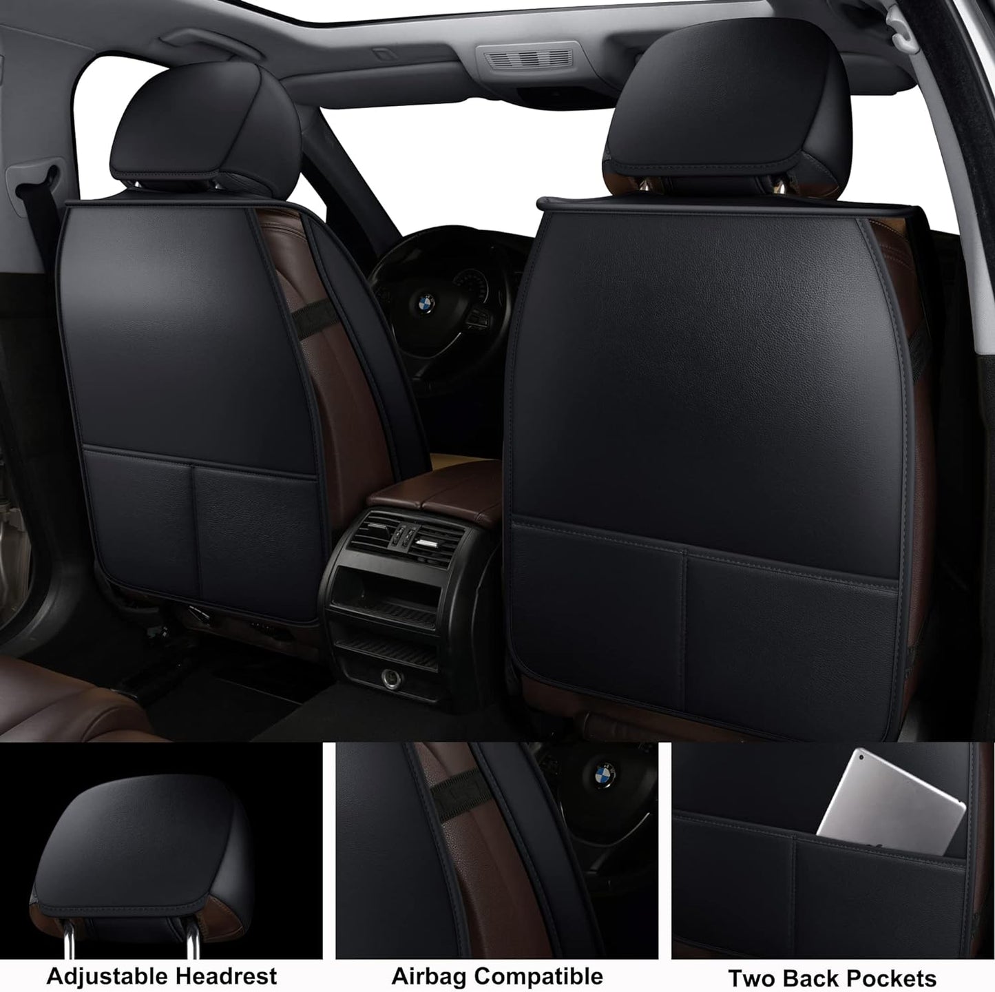 LINGVIDO Car Seat Covers, Breathable and Waterproof Faux Leather Automotive Seat Covers for Cars SUV Truck Sedan,Universal Anti-Slip Seat Cover with Backrest (Front Seat, Black-Blueline)