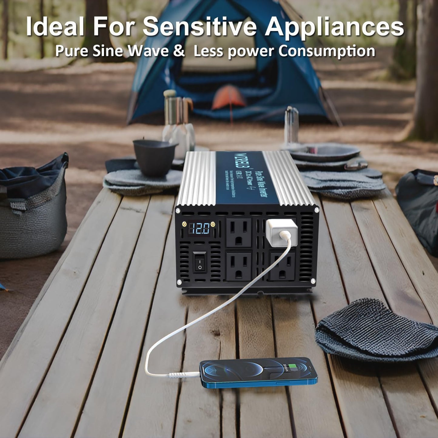 WZRELB 1800W Pure Sine Wave Inverter 12V DC to 110V 120V AC,Car Power Inverter with 4 AC Outlets, LED Display,Off-Grid Portable Power Converter for Home, RV, Truck, Camping