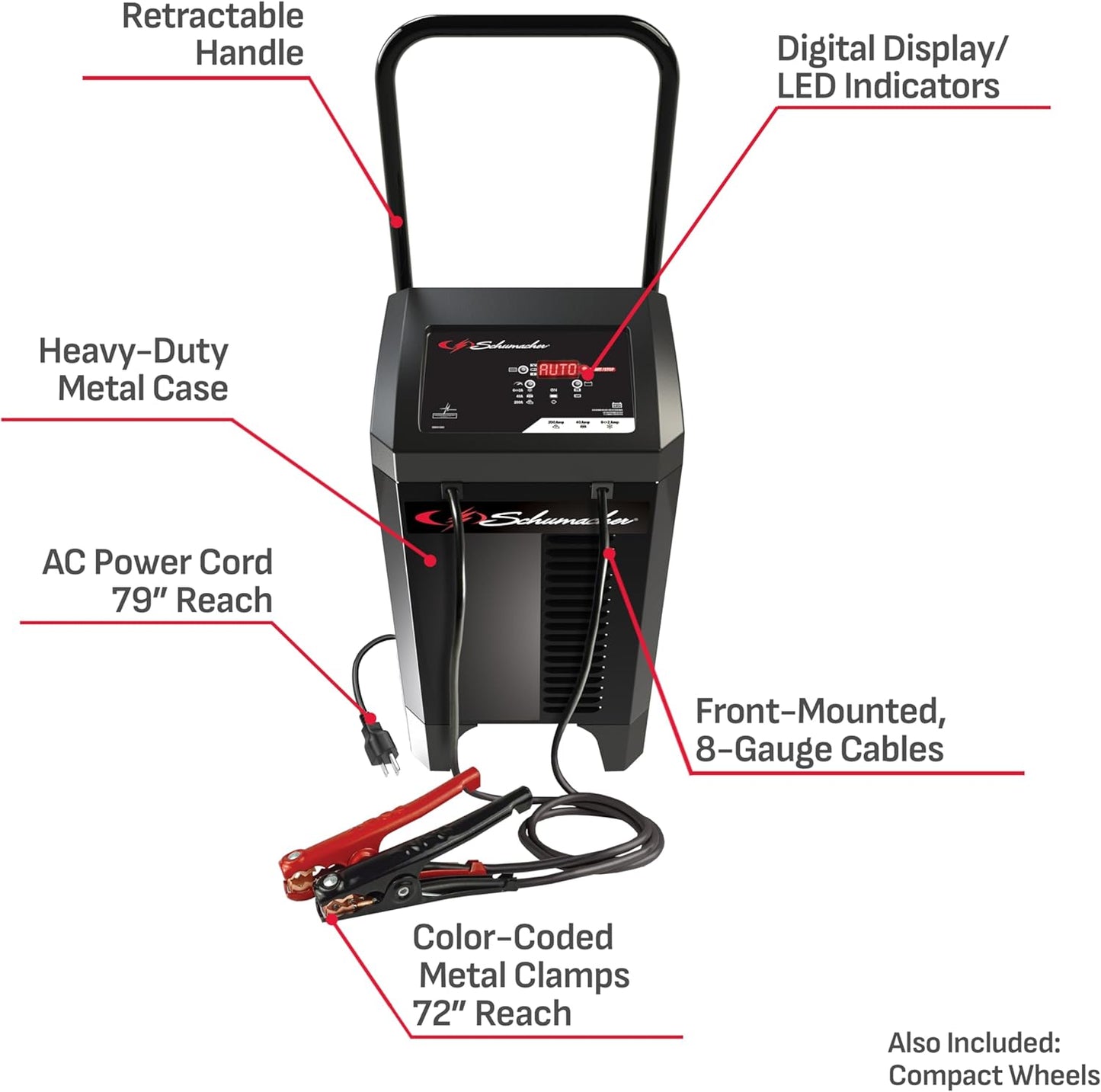 Schumacher Electric Wheeled Battery Charger and Engine Starter, SC1353, 6-in-1, Fully Automatic, with Diagnostics, 200 Cranking Amps, 40 Amp Boost Mode, 6V, 12V, for Car, Truck, and Marine Batteries