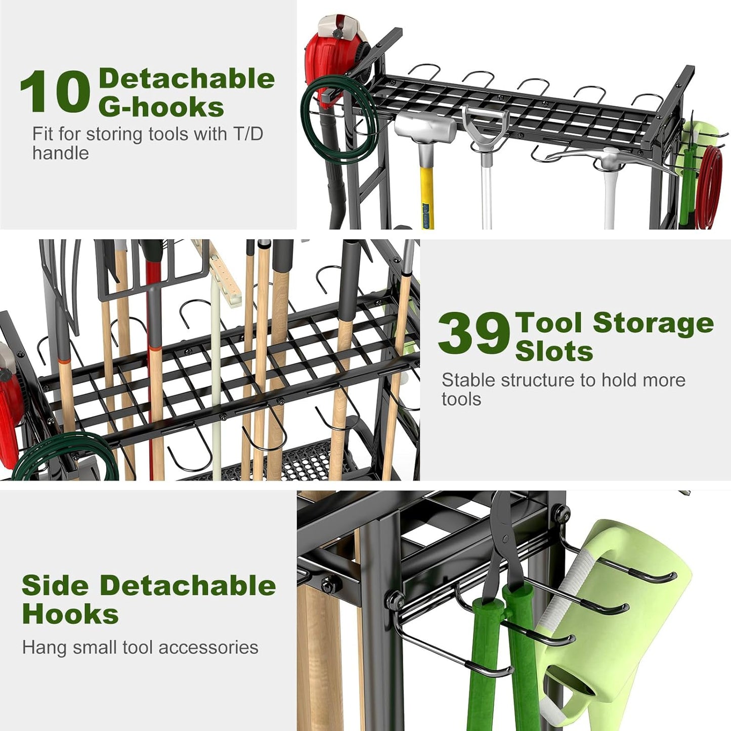 Garden Tool Organizer with Wheels, Large Capacity Garage Tool Rack with Hooks, for Broom, Shovel, Long Handled Tools, Metal Yard Tool Organizer for Garage, Shed, Outdoor