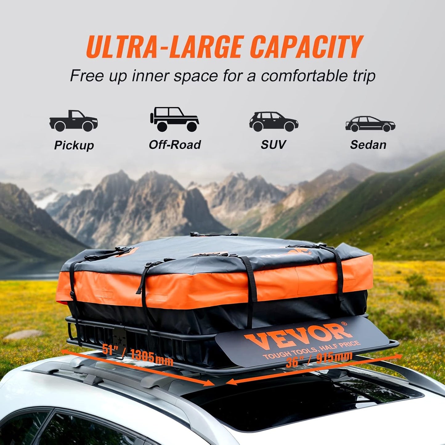 VEVOR Roof Rack Cargo Basket, 51" x 36" x 5" Rooftop Cargo Carrier w/ 15 Cu Ft Waterproof Cargo Bag, 200 LBS Capacity Universal Rack Carrier for SUV, Truck, Pickup