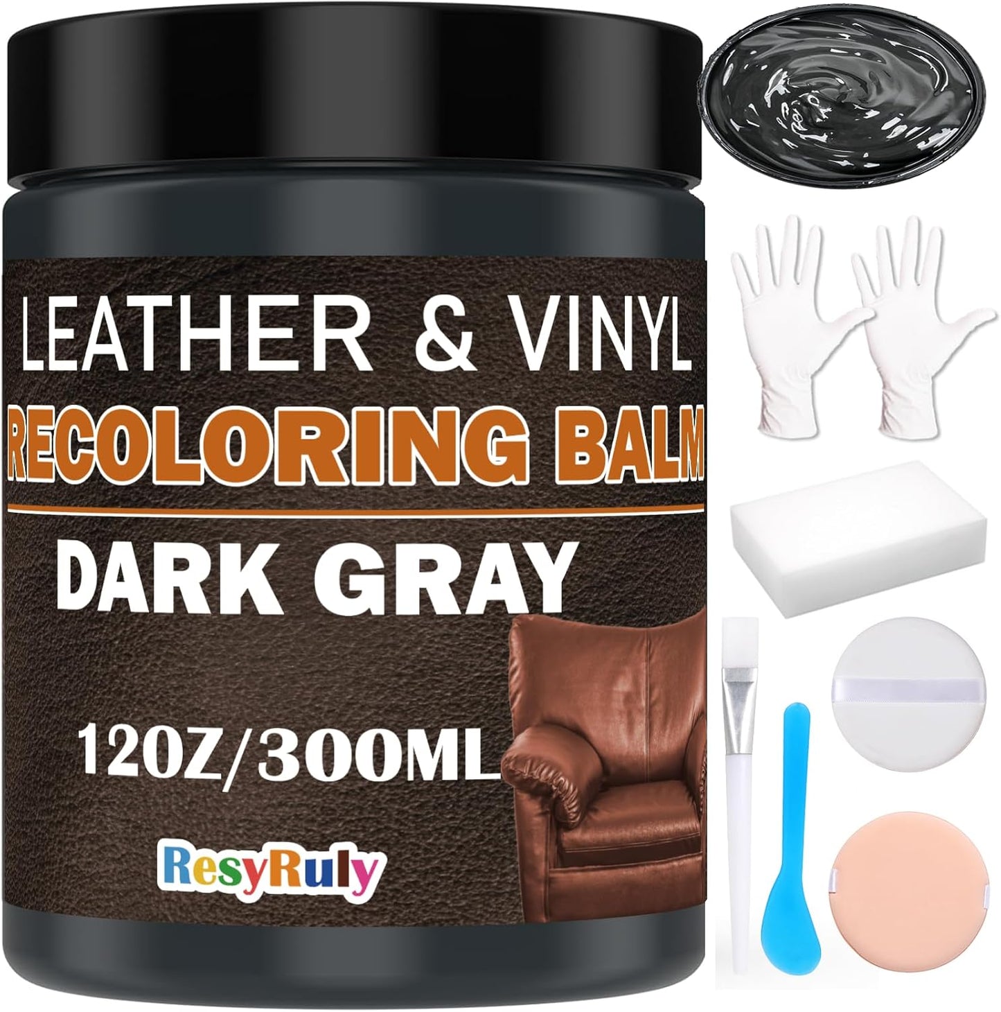 Dark Gray Recoloring Balm Leather Vinyl Auto Dash Board Car Interior Seats Paint Furniture Dye Color Restorer Refinish Shoes Sofa Gloves Jacket Purse Bag Couch Stain Fade Scratches Peeling Repair Kit
