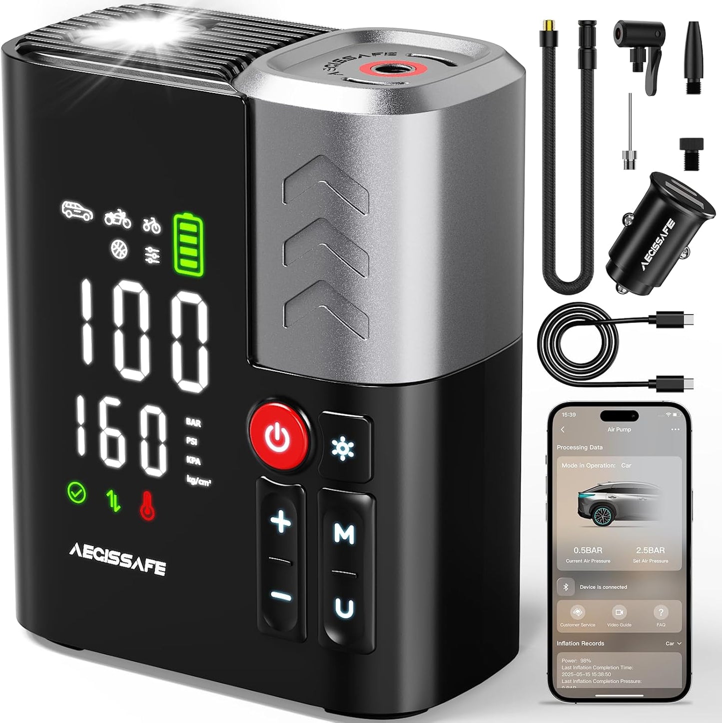 Tire Inflator Portable Air Compressor, 3X Faster Air Pump with APP, 160PSI 48LPM Electric Tire Pump with 16000 mAh Battery, 45W Faster Charging, Cordless Tire Inflator for Car SUV Pickup RV MPV