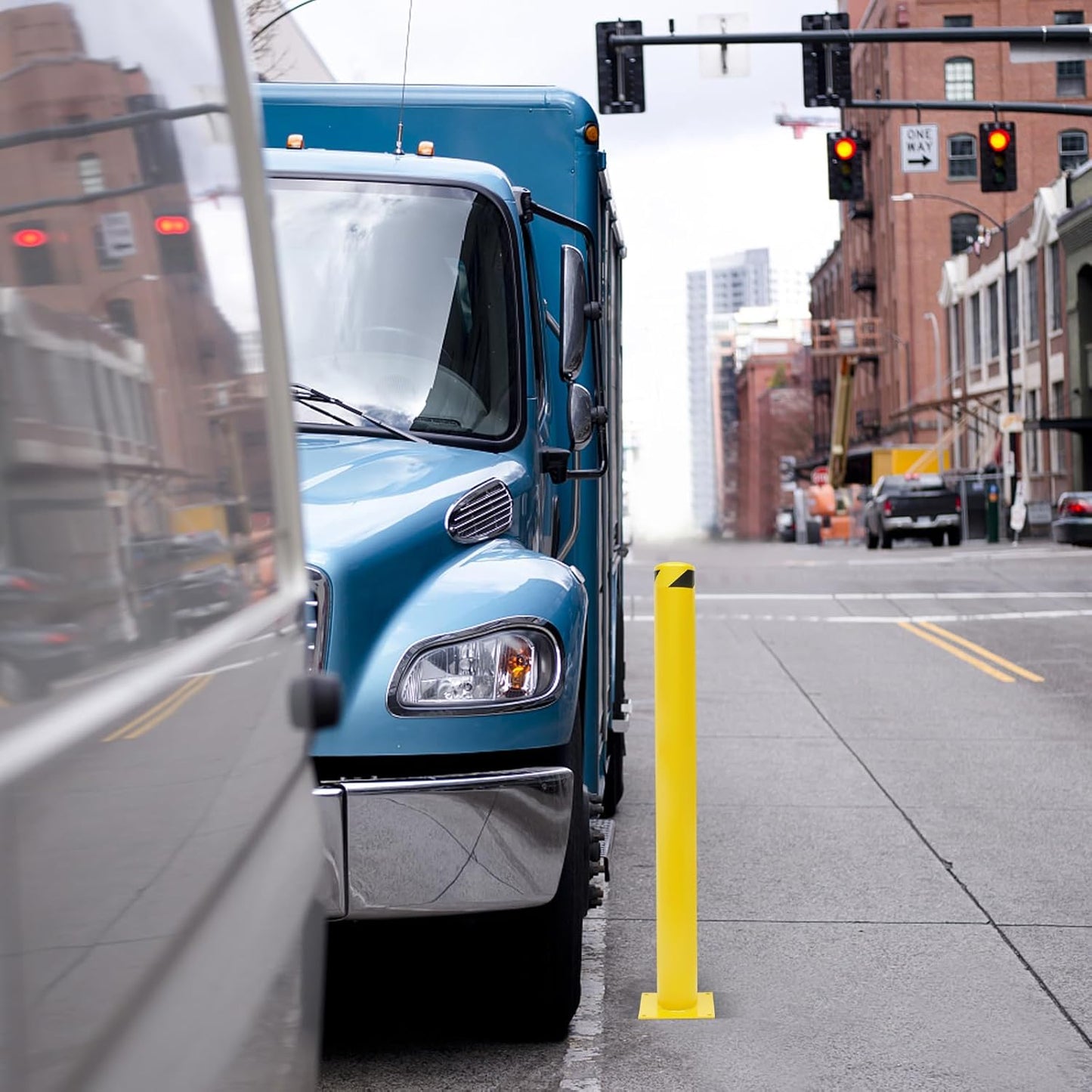 Parking Post Safety Bollard Post 60in Height Parking Barrier Parking Obstacle Piles with Anchor Bolts Industrial Yellow Powder Coated Steel Bollards for Entrances, Parking Lots, Sidewalks(60H*4.5Din)