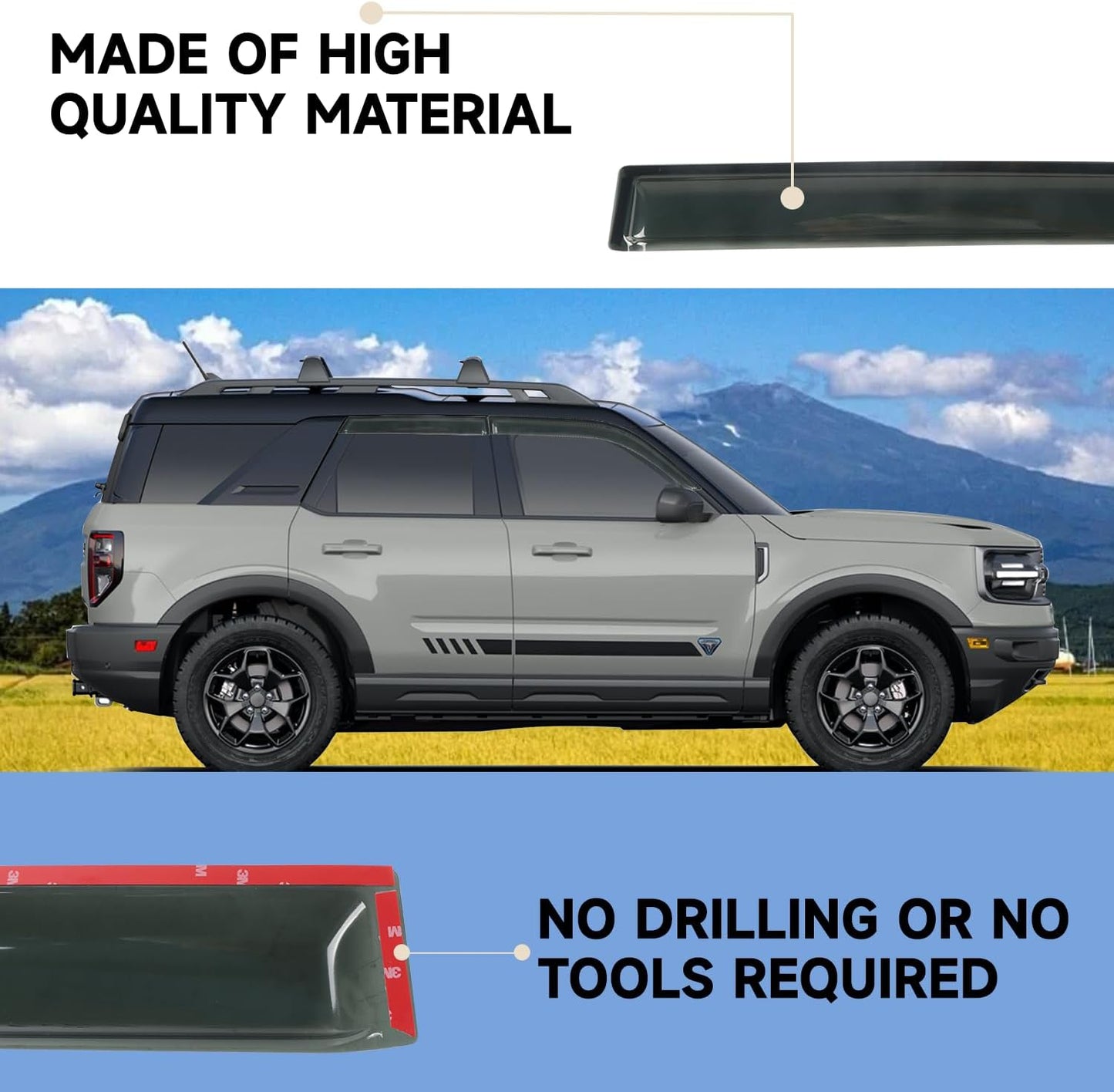 Rain Guards Tape-On Side Window Visor Fit for 2021-2024 Ford Bronco Sport, Outside Mount Window Deflector, Smoke Tinted Vent Visors 2021 2022 2023 2024