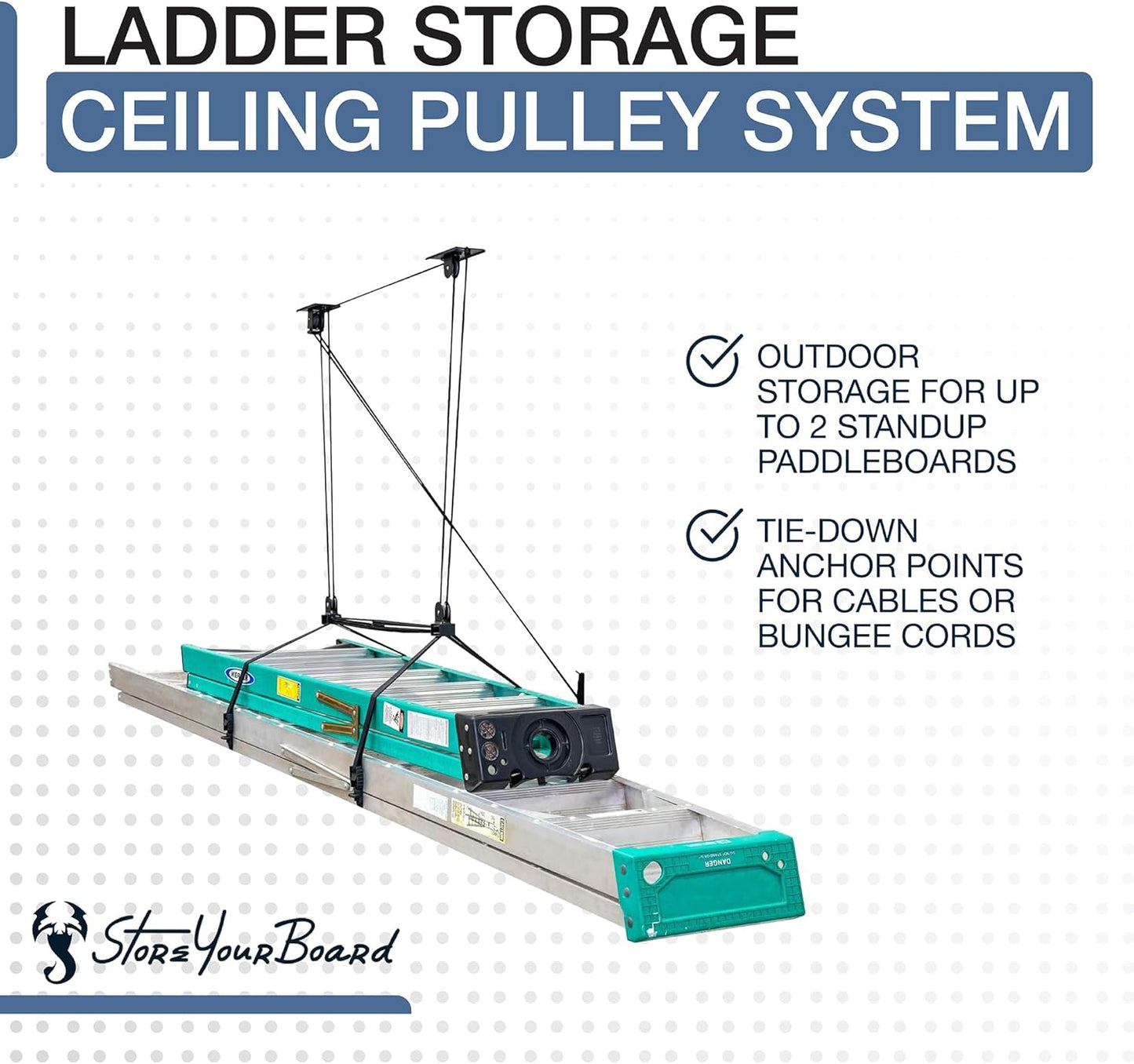 StoreYourBoard Ladder Storage Ceiling Pulley System, Garage Mount Hoist, Heavy Duty Hanging Organizer Holds 150 lbs