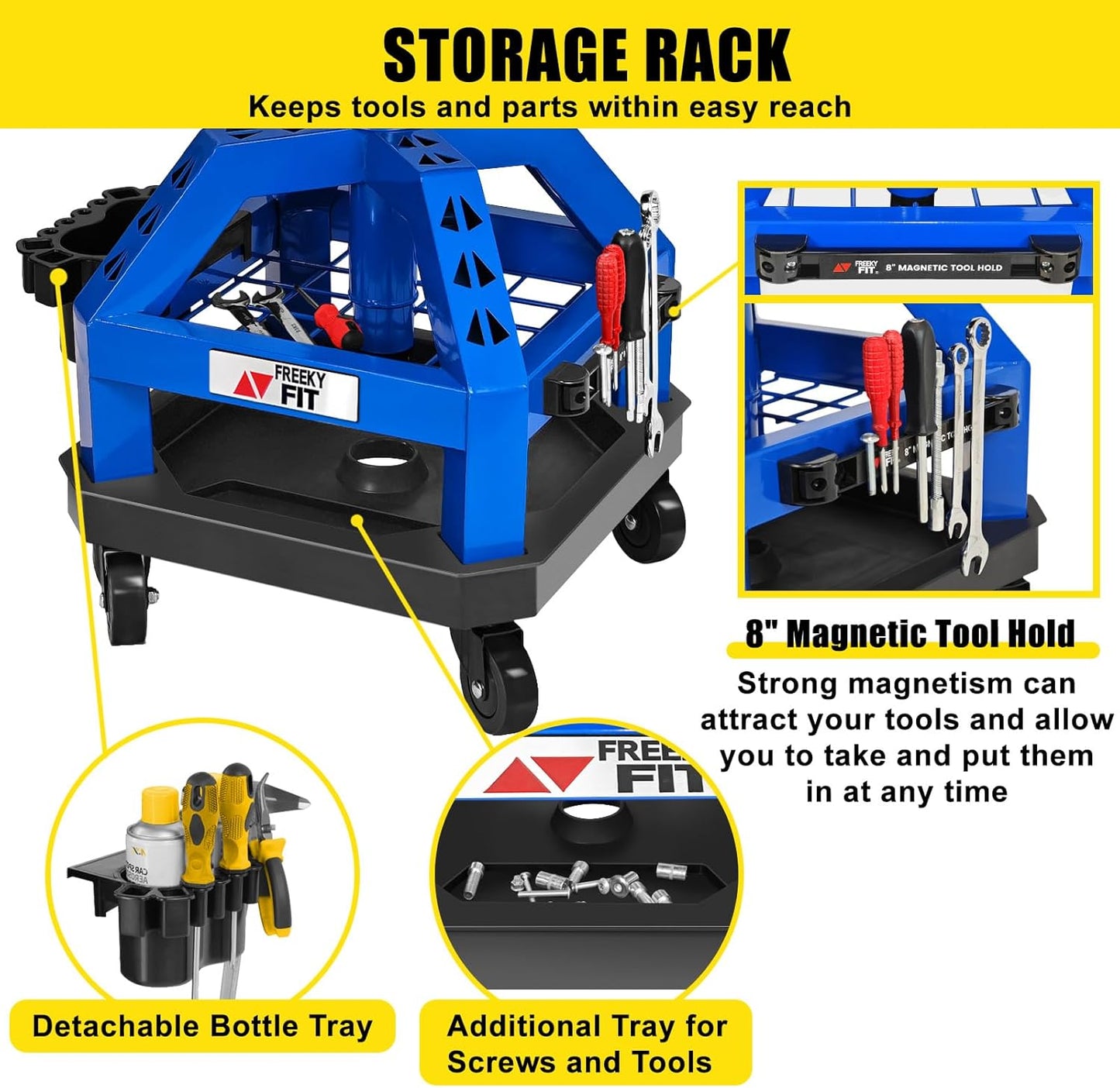 Rolling Shop Stool for Garage with Casters, DO02-Adjustable Height 360° Swivel Shop Seat with Tool Tray Storage, 330 LBS Capacity Padded Mechanic Stool, Magnetic Tool Hold, Heavy Duty, Blue