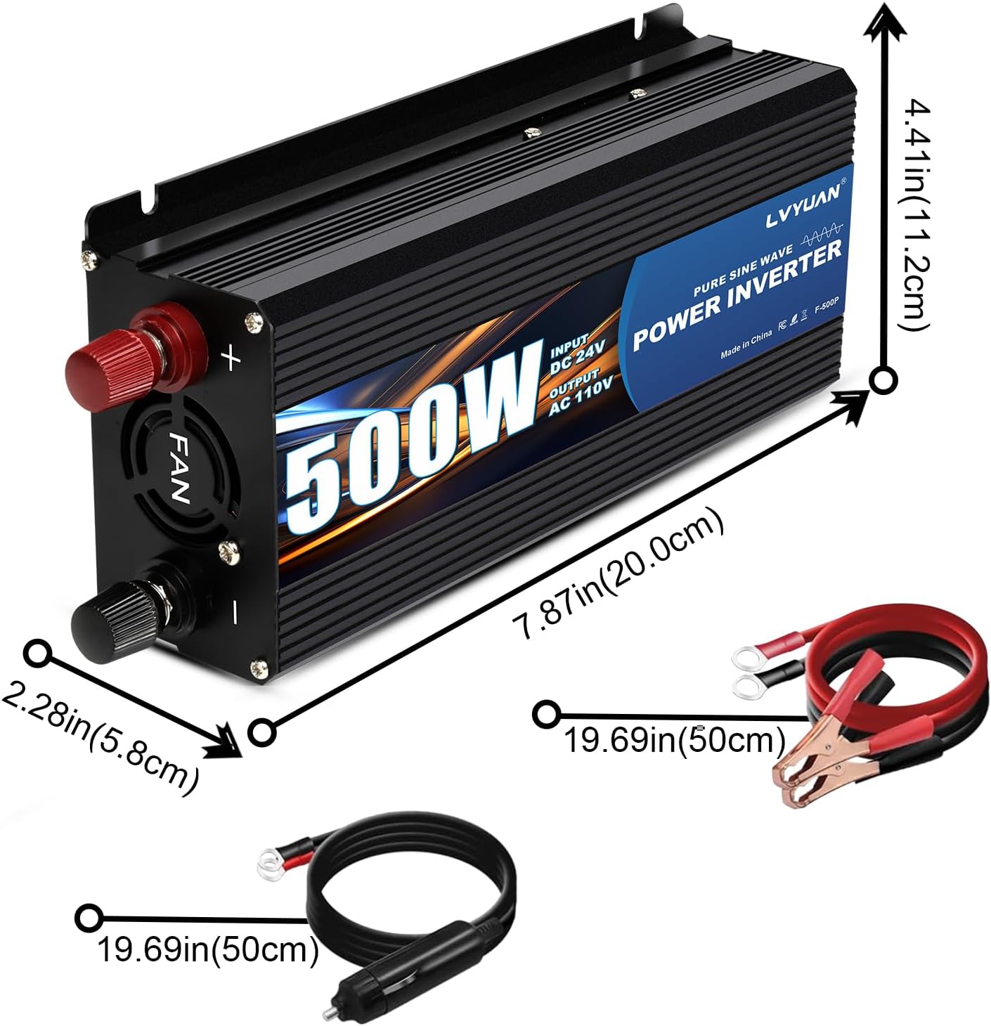 LVYUAN 500 Watt Pure Sine Wave Power Inverter 24V to 110V/120V DC to AC Converter with Dual Sockets, Dual USB Ports, LED Display for Home Outdoor RV Car Power Inverter Power Adapter