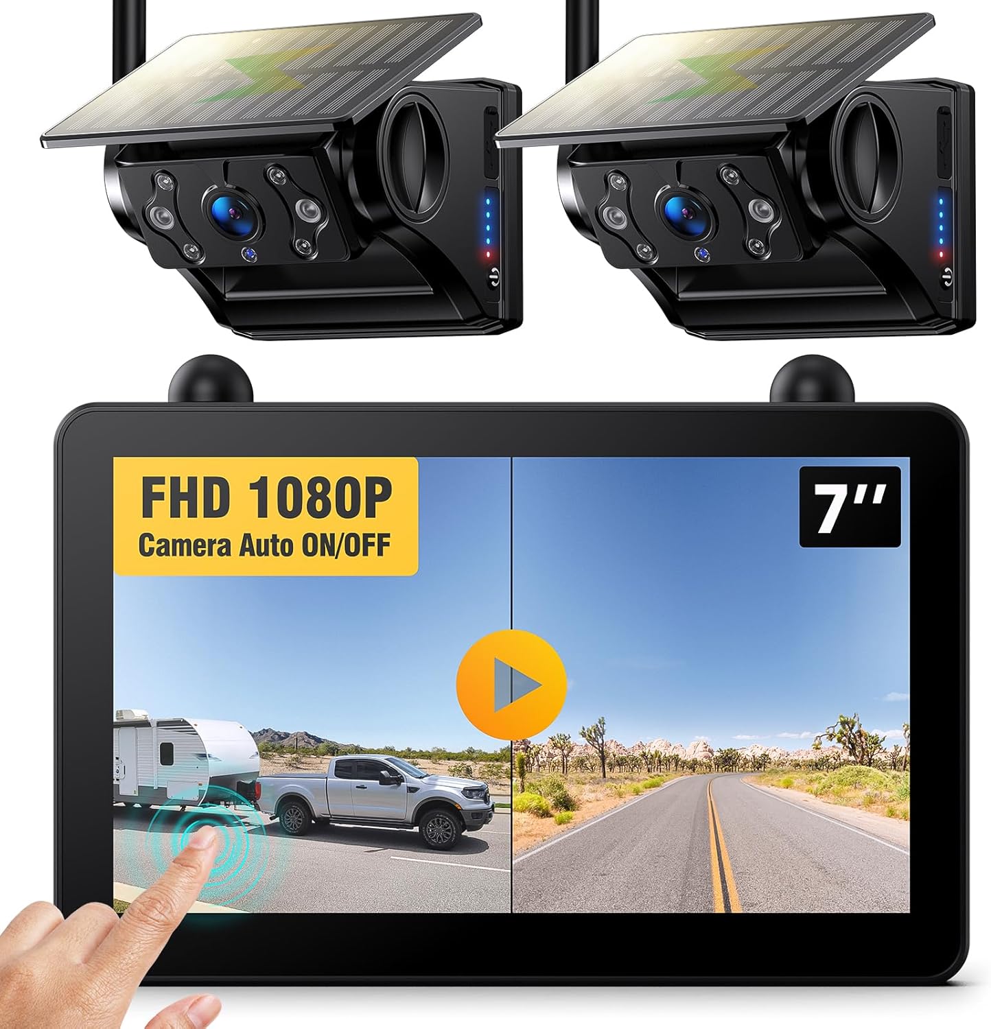 Magnetic Solar Wireless RV Backup Camera, 1080P 7" Touchscreen IPS Monitor & 2 Auto On Off Rear View Cameras, 1 Min Setup Night Vision Recording Guidelines, Back up Camera for Trailer Truck M7 2