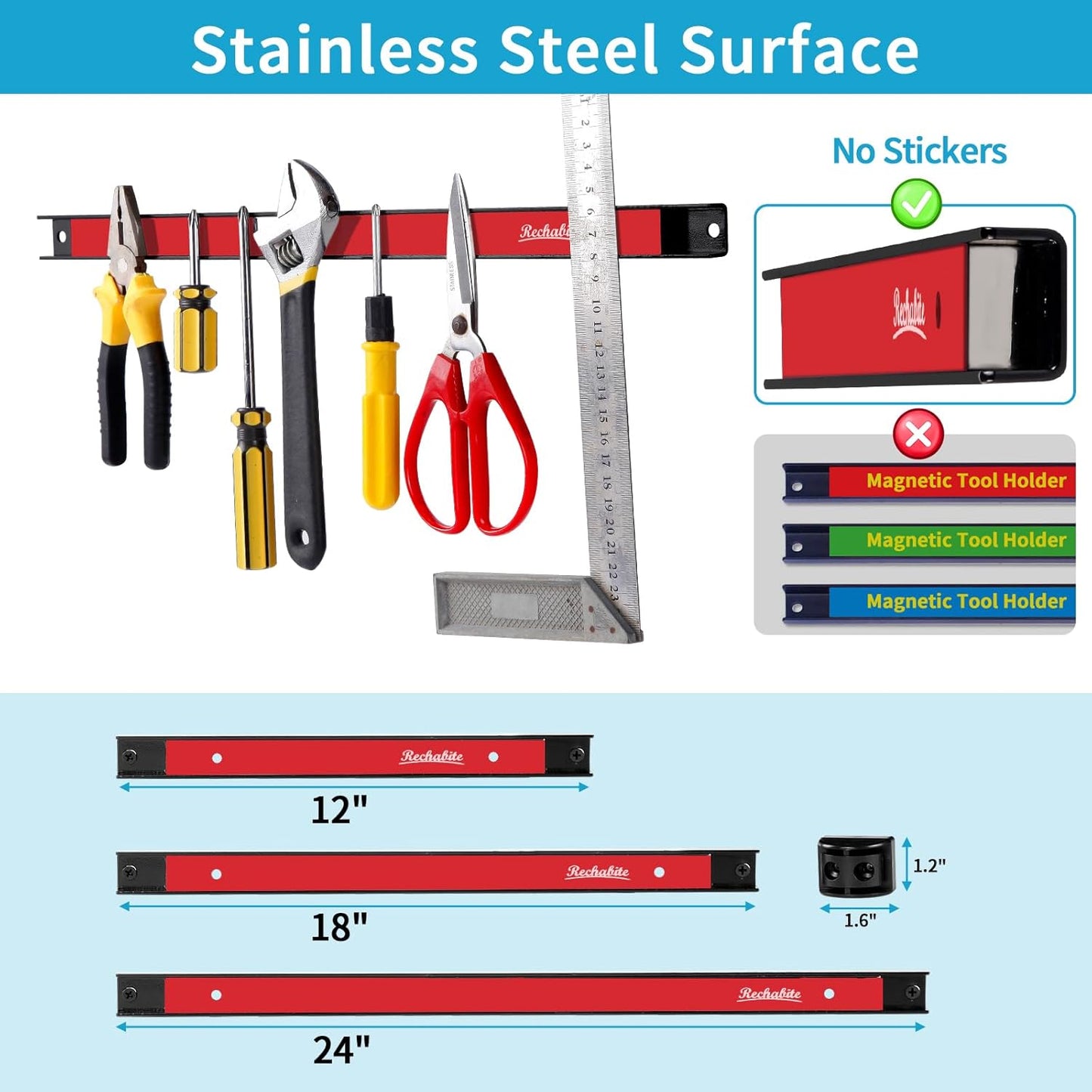 4 Pieces 24" Magnetic Tool Holder Strip, Red Magnet Bar, Metal Tool Organizer Rack for Garage Organization, Easy To Install in Workshop, Mounting Screws Included
