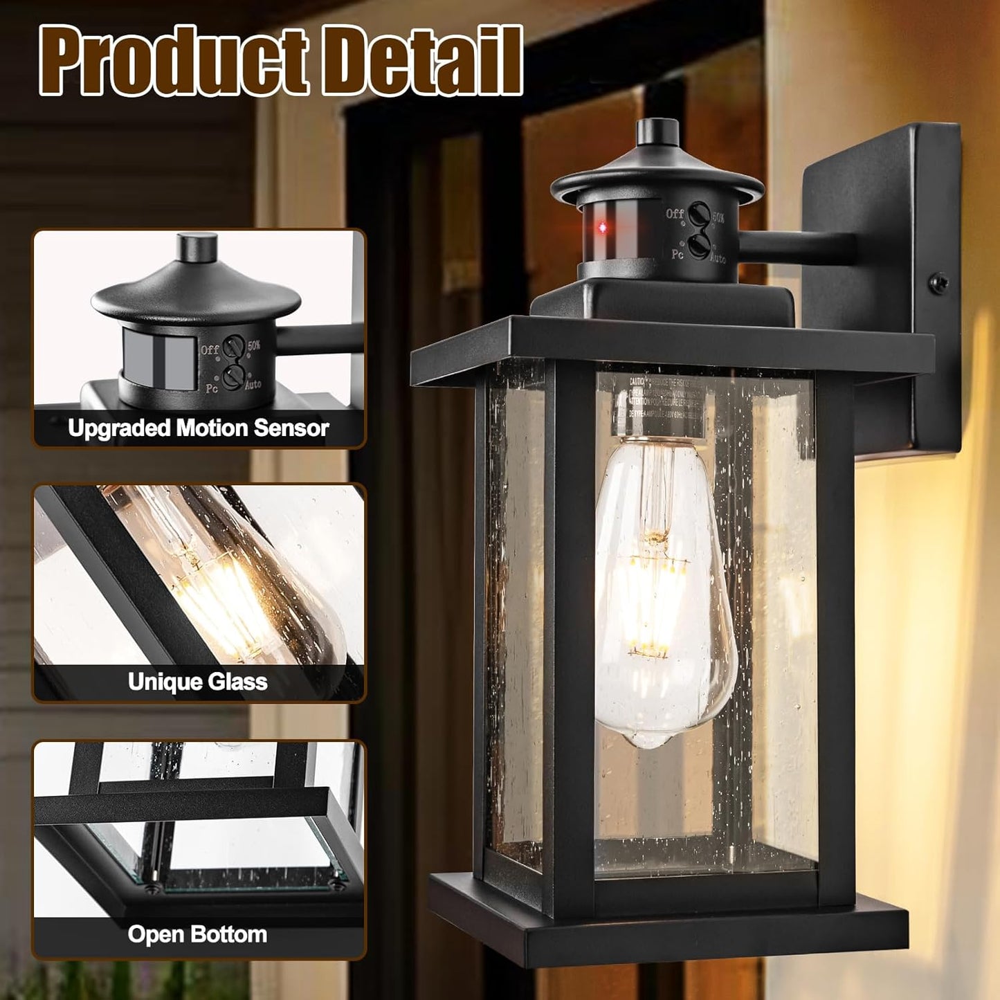 Motion Sensor Outdoor Lights Wall Mount, Dusk to Dawn Garage Exterior Light Fixture 2 Packs, Outdoor Wall Lighting with E26 Socket, Waterproof Unique Glass Shade, Exterior Lights for House, Porch