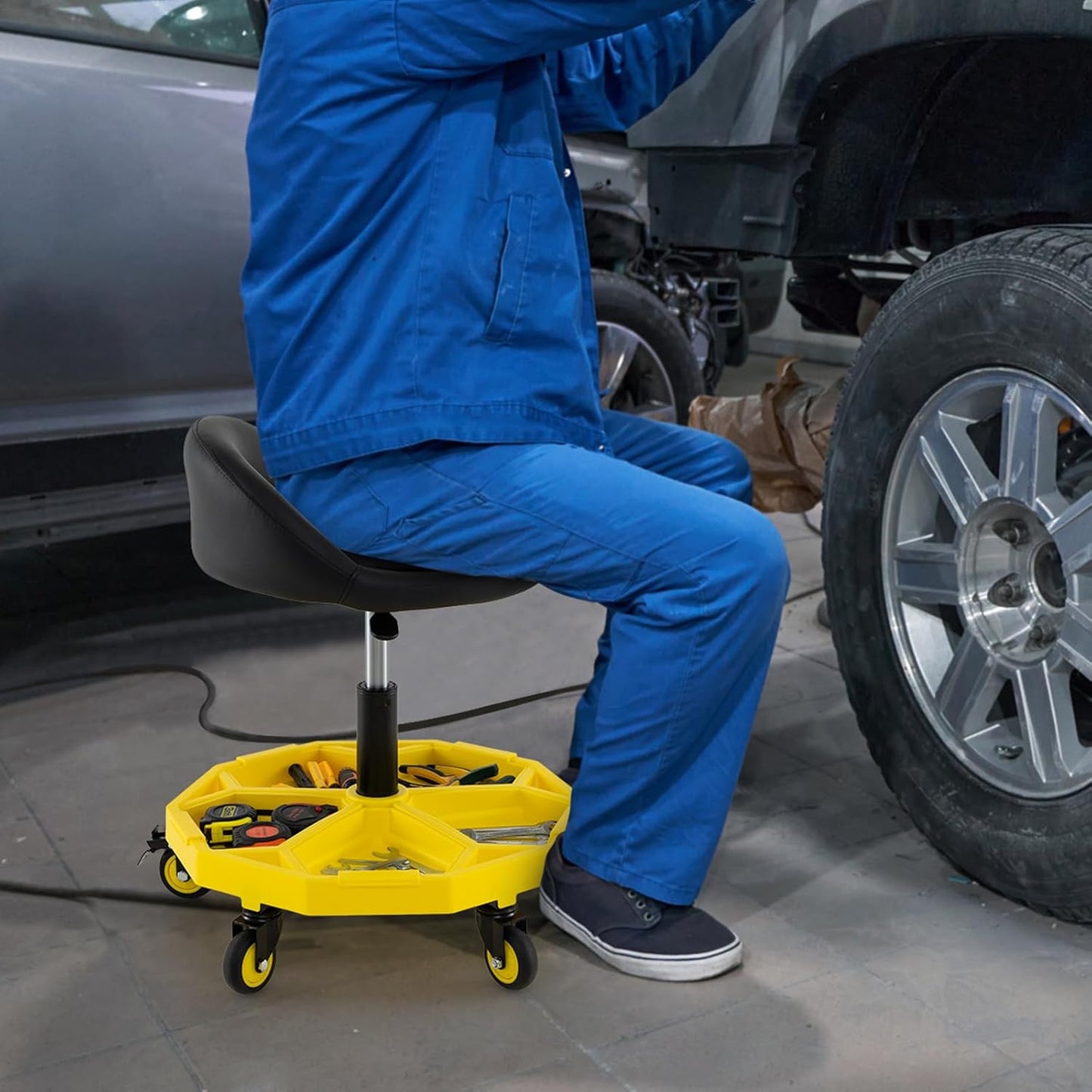 Mechanic Stool, 350 LBS Capacity Rolling Shop Stool with Lockable Wheels, 2 Magnetic Tool Trays & Padded Seat, 20"-25" Height Adjustable Workshop Chair Creeper Seat for Garage, Auto Repair